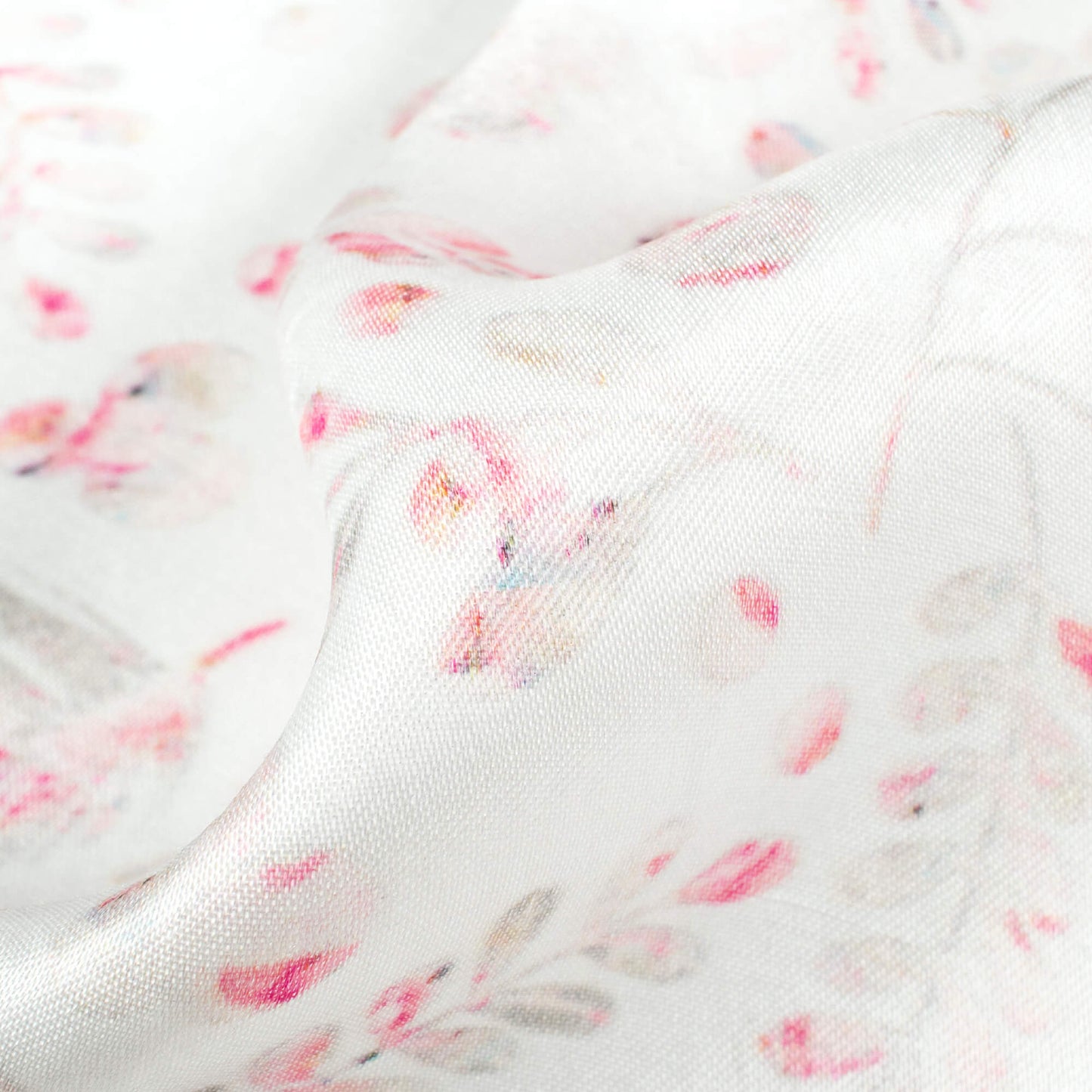 White And Pink Leaf Pattern Digital Print Viscose Gaji Silk Fabric