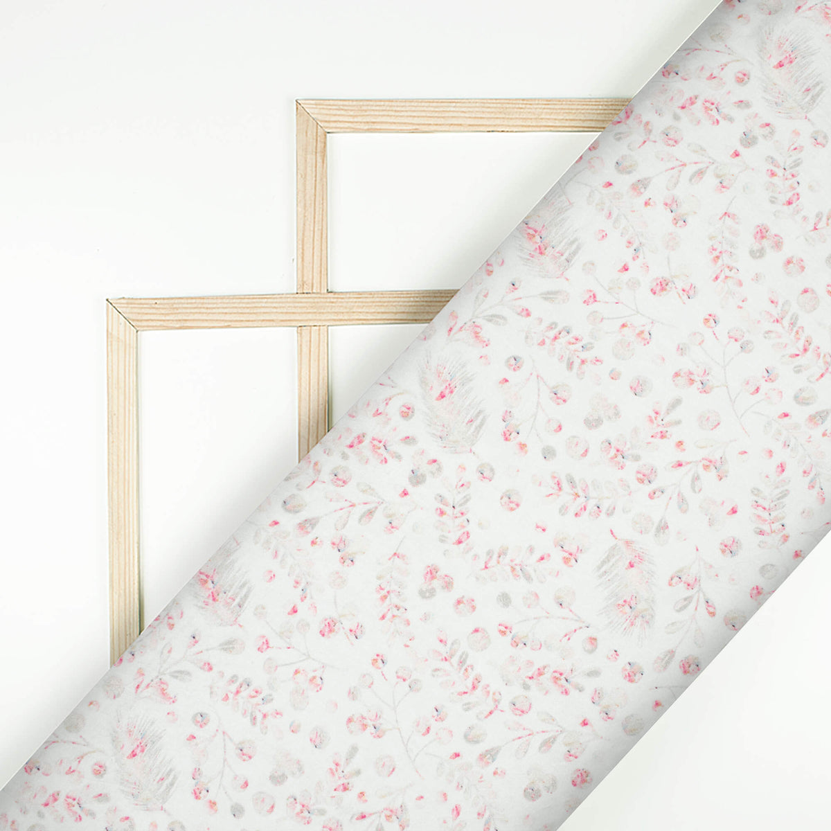 White And Pink Leaf Pattern Digital Print Viscose Gaji Silk Fabric