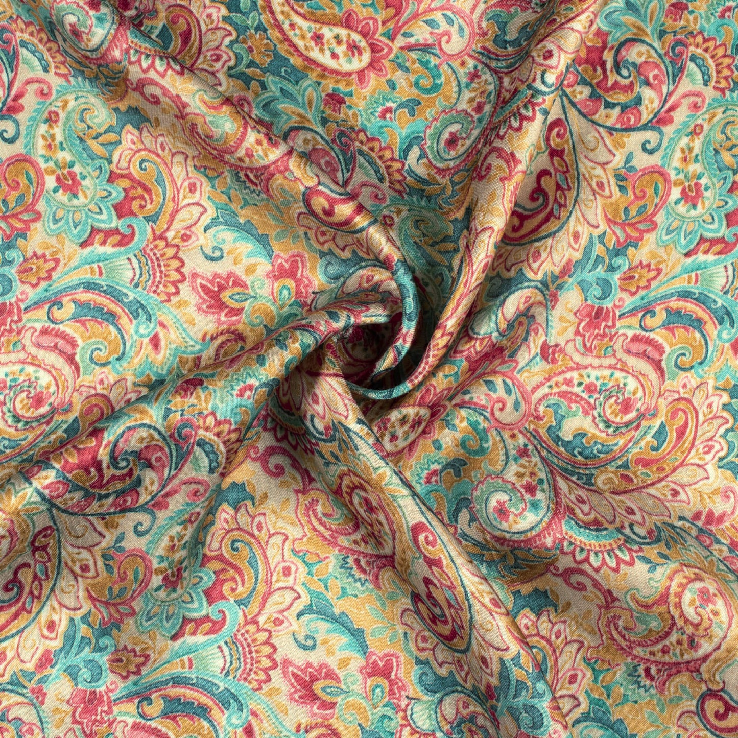 Red And Sea Green Paisley Pattern Digital Print Viscose Gaji Silk Fabric