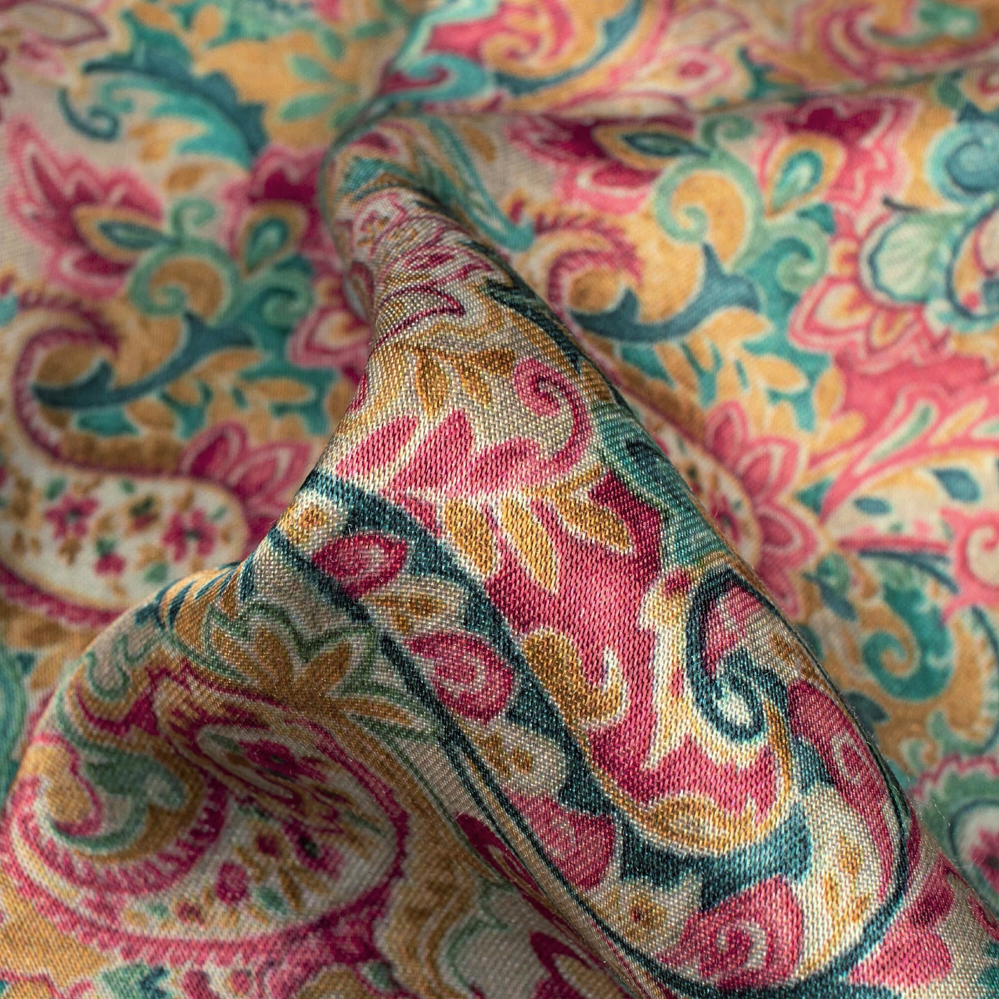 Red And Sea Green Paisley Pattern Digital Print Viscose Gaji Silk Fabric