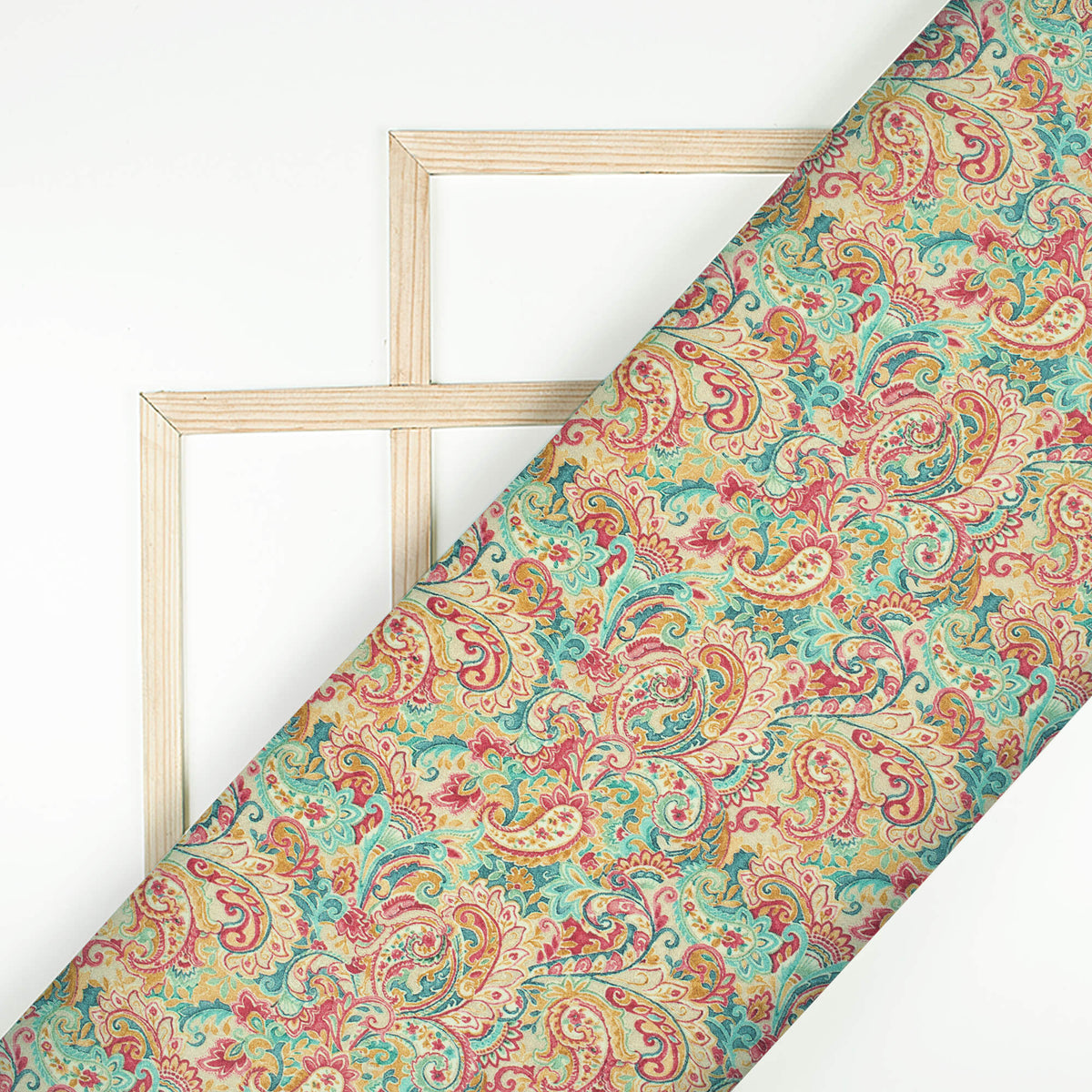Red And Sea Green Paisley Pattern Digital Print Viscose Gaji Silk Fabric