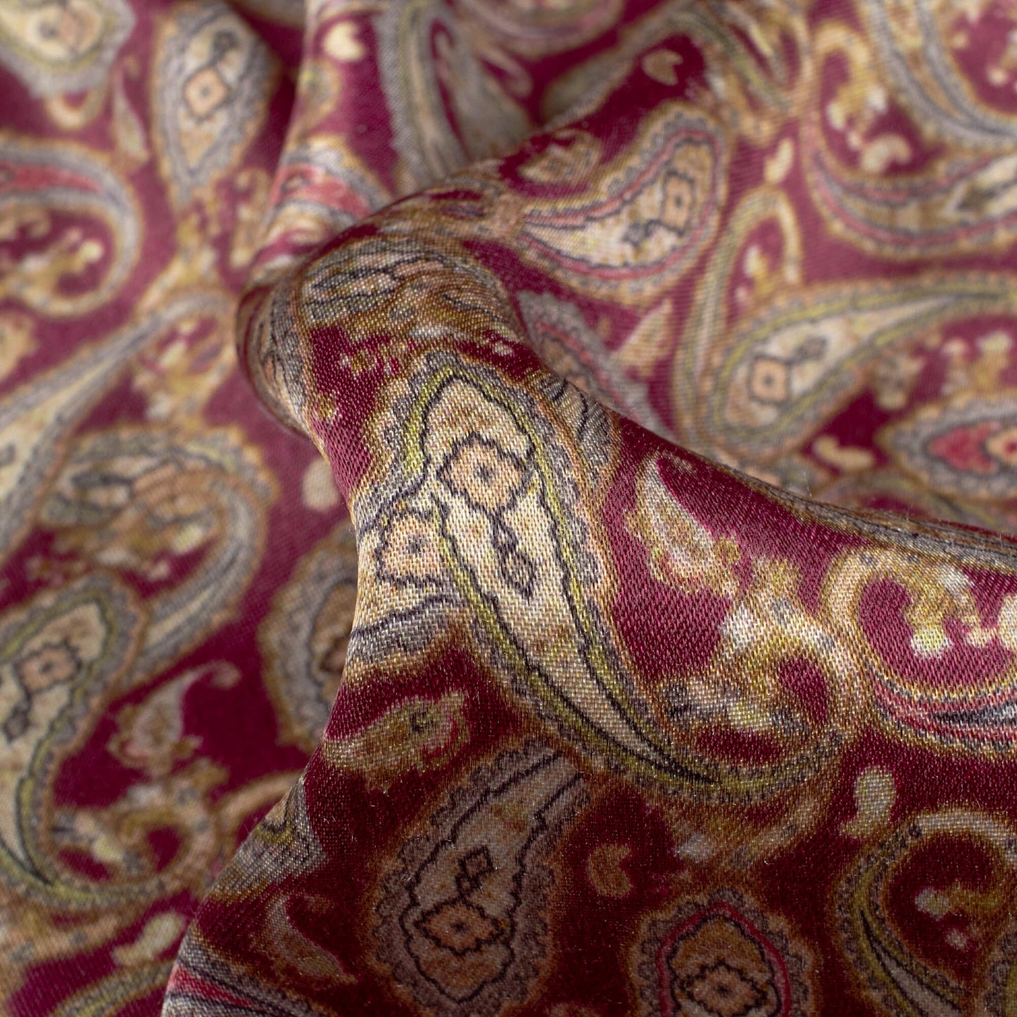 Mehogany Red And Tea Green Paisley Pattern Digital Print Viscose Gaji Silk Fabric