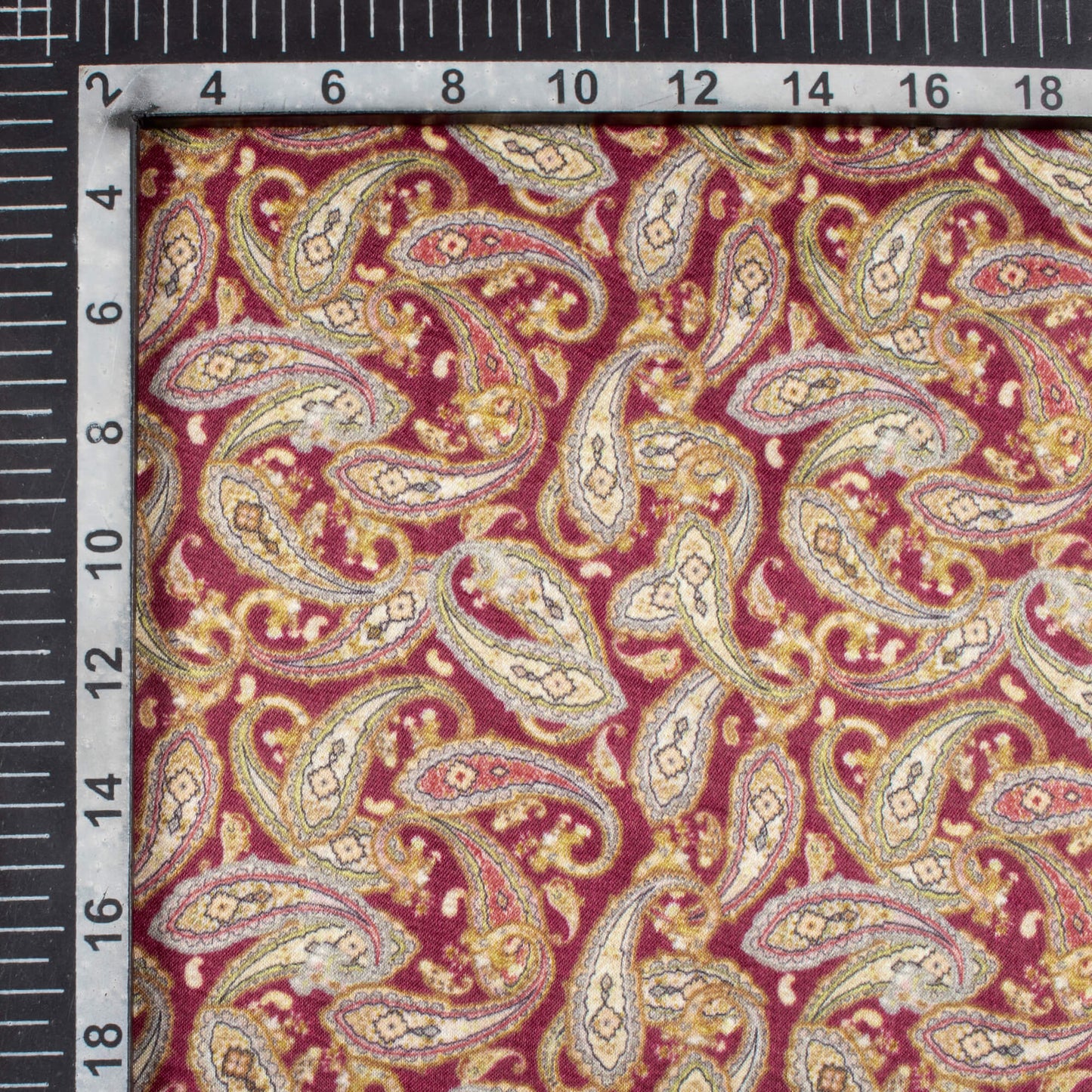 Mehogany Red And Tea Green Paisley Pattern Digital Print Viscose Gaji Silk Fabric