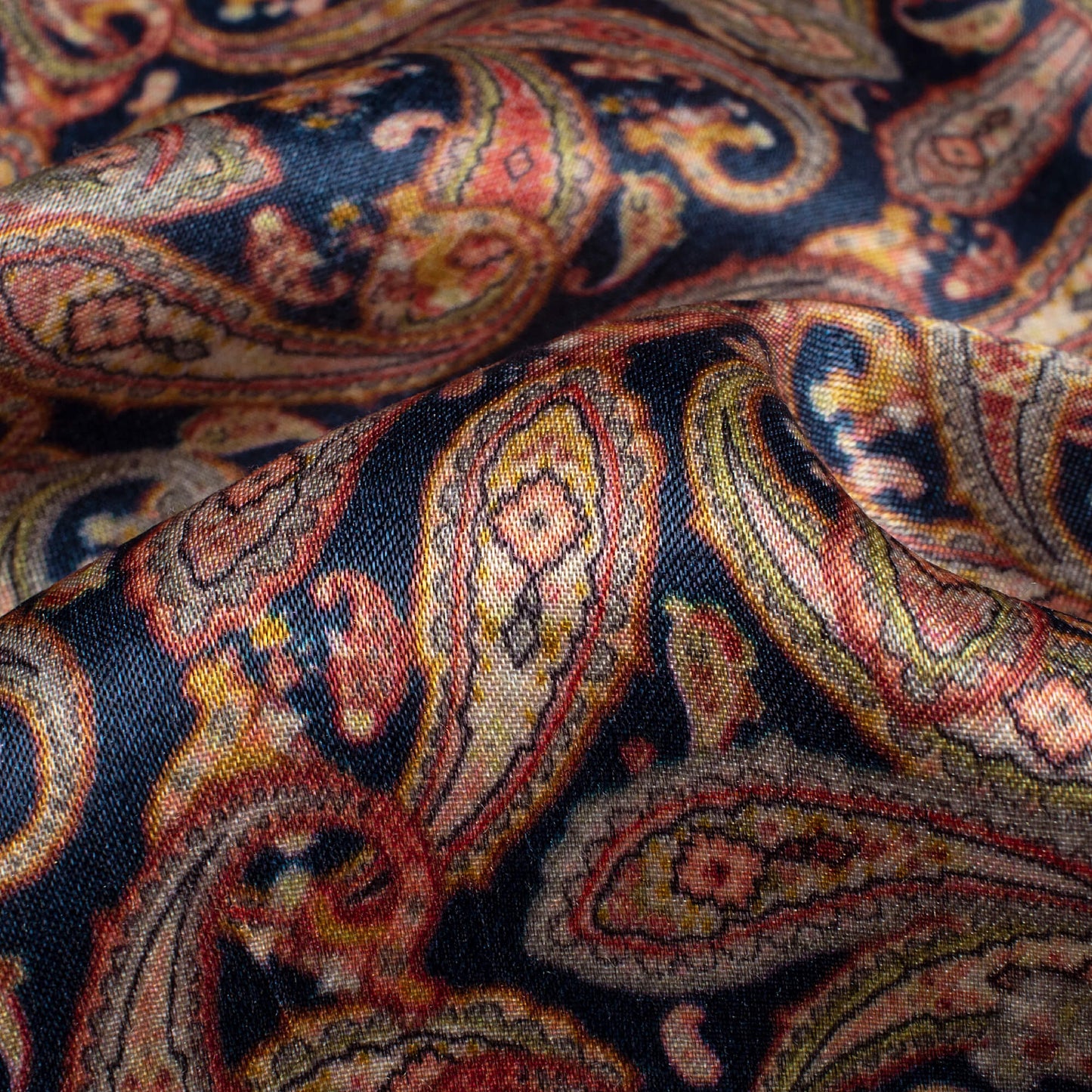 Navy Blue And Red Paisley Pattern Digital Print Viscose Gaji Silk Fabric