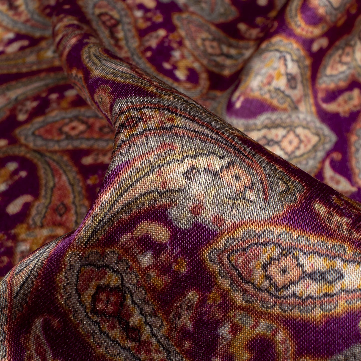 Mulberry Purple And Tea Green Paisley Pattern Digital Print Viscose Gaji Silk Fabric