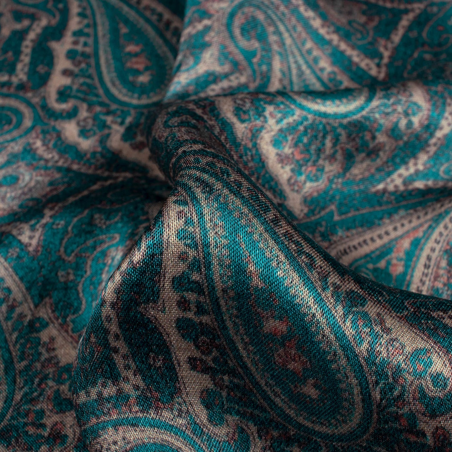 Dark Aquamarine Blue And Tea Green Paisley Pattern Digital Print Viscose Gaji Silk Fabric