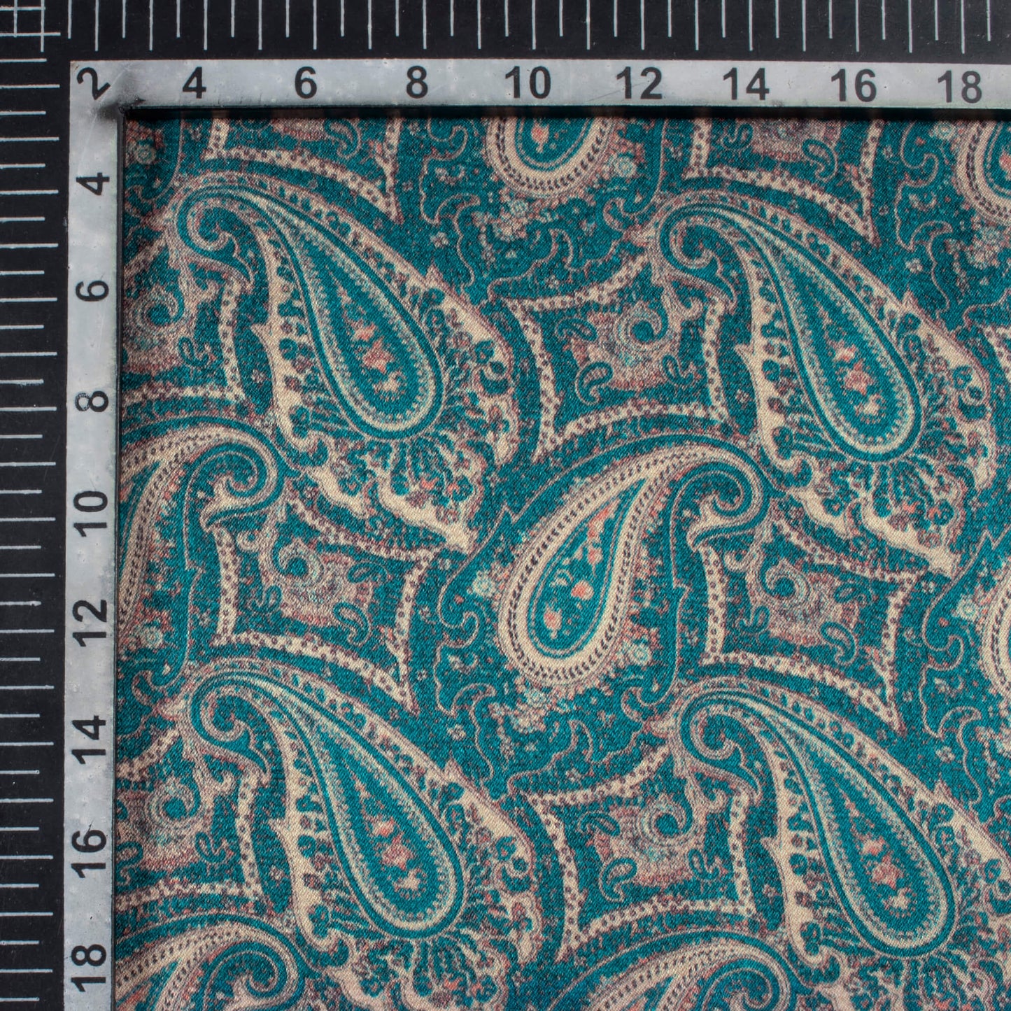 Dark Aquamarine Blue And Tea Green Paisley Pattern Digital Print Viscose Gaji Silk Fabric