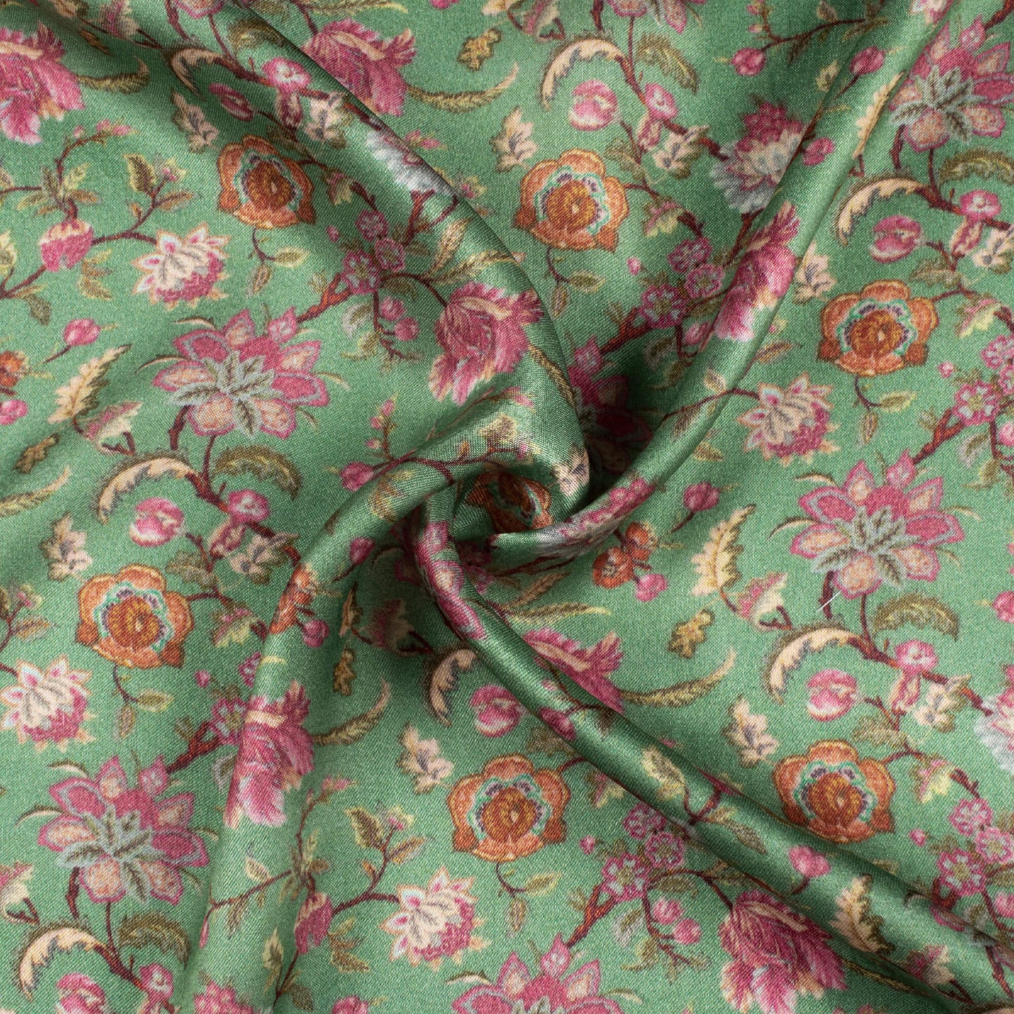 Fern Green And Pink Floral Pattern Digital Print Viscose Gaji Silk Fabric