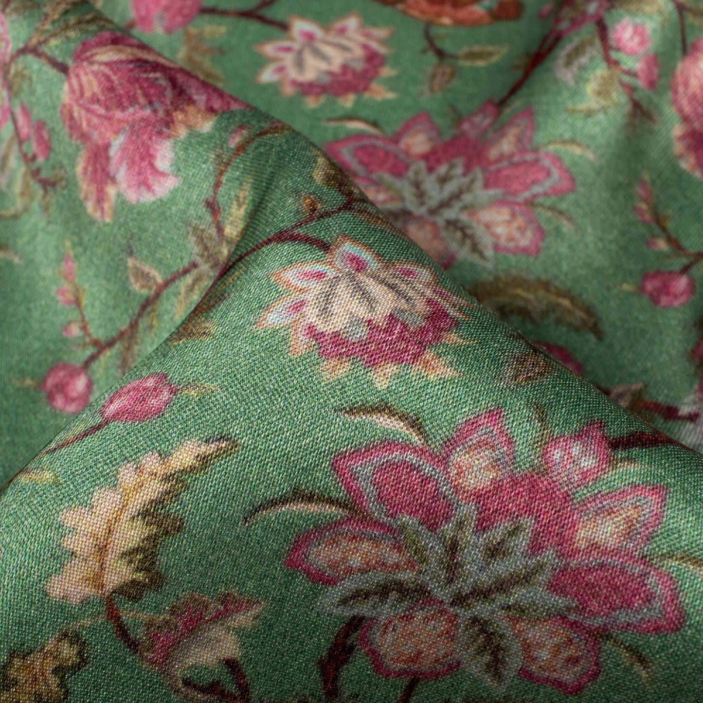 Fern Green And Pink Floral Pattern Digital Print Viscose Gaji Silk Fabric
