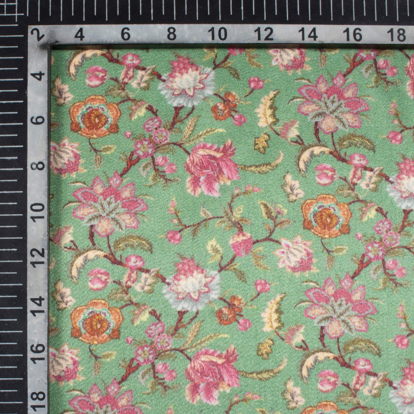 Fern Green And Pink Floral Pattern Digital Print Viscose Gaji Silk Fabric