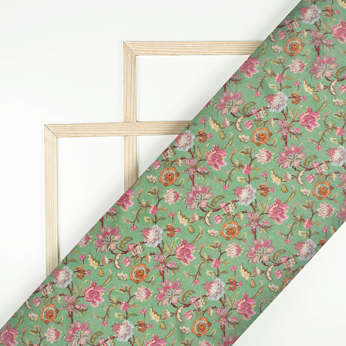 Fern Green And Pink Floral Pattern Digital Print Viscose Gaji Silk Fabric