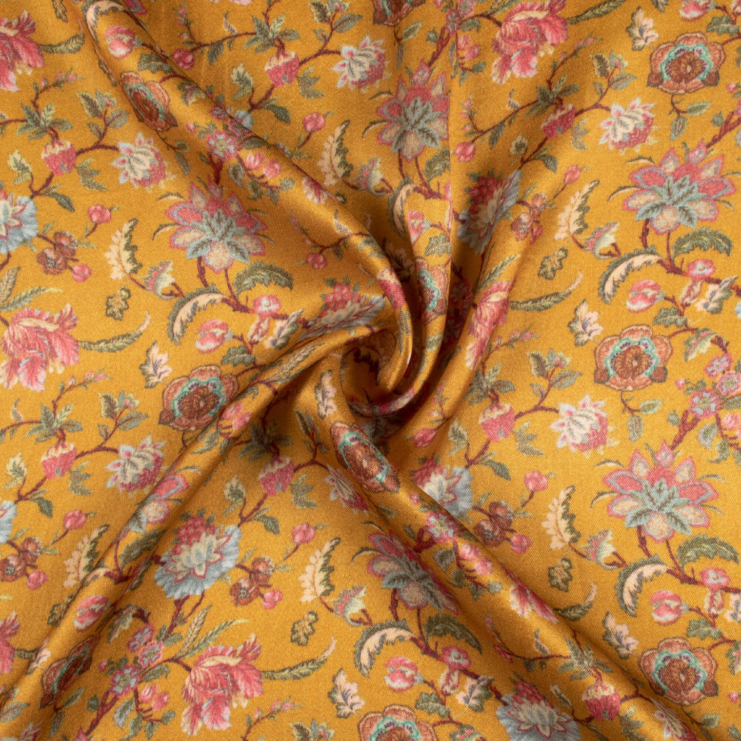 Ochre Yellow And Pink Floral Pattern Digital Print Viscose Gaji Silk Fabric