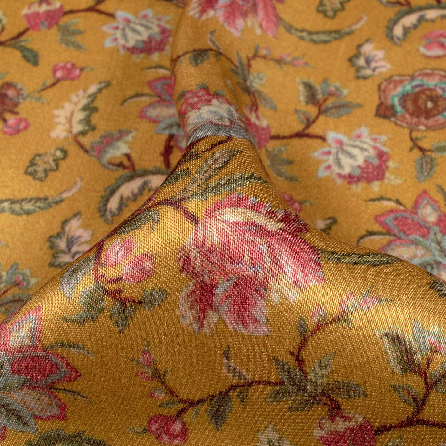 Ochre Yellow And Pink Floral Pattern Digital Print Viscose Gaji Silk Fabric