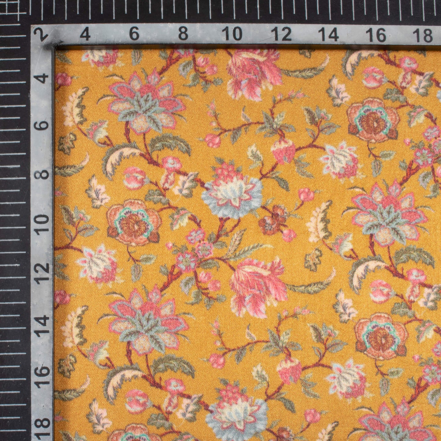 Ochre Yellow And Pink Floral Pattern Digital Print Viscose Gaji Silk Fabric