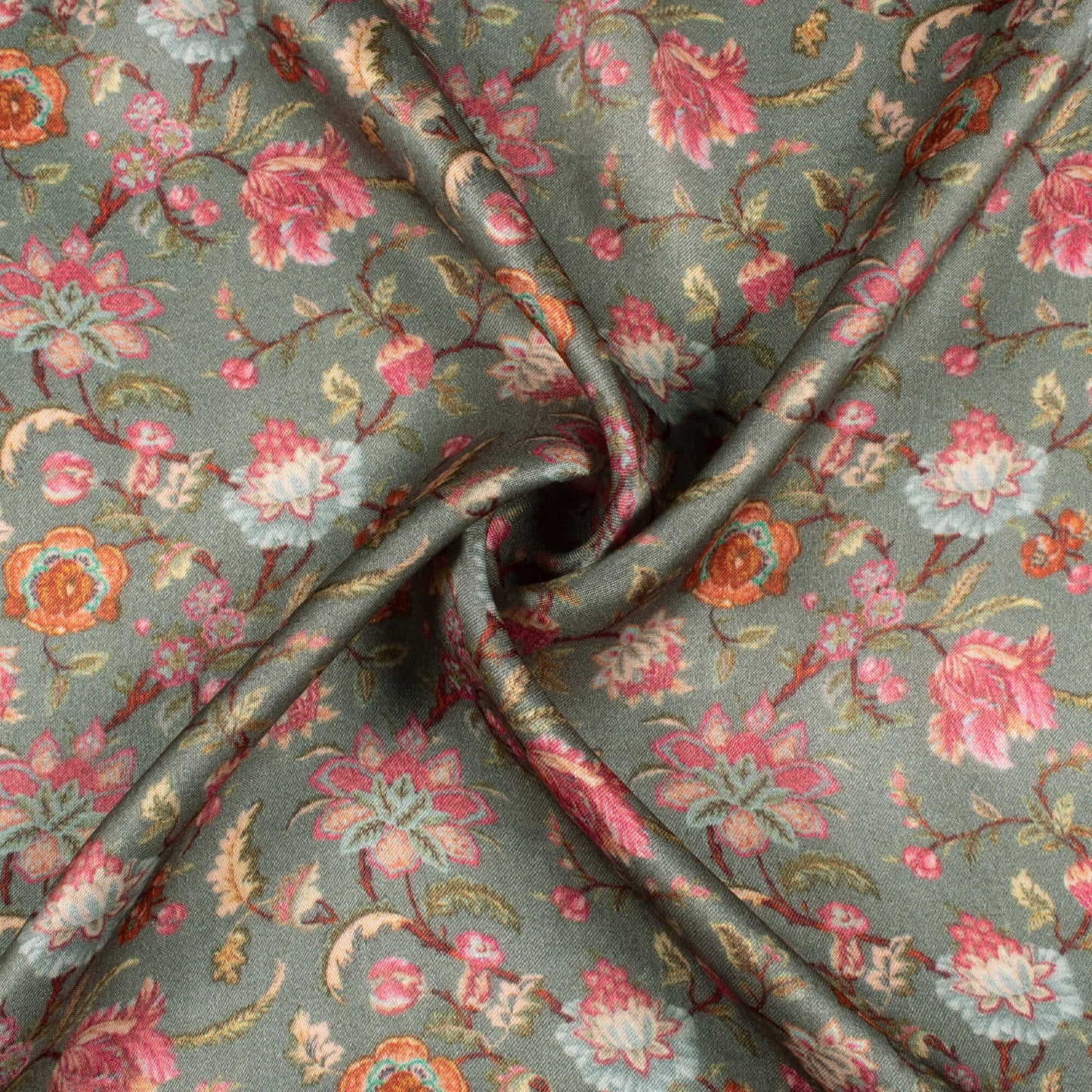 Slate Grey And Pink Floral Pattern Digital Print Viscose Gaji Silk Fabric