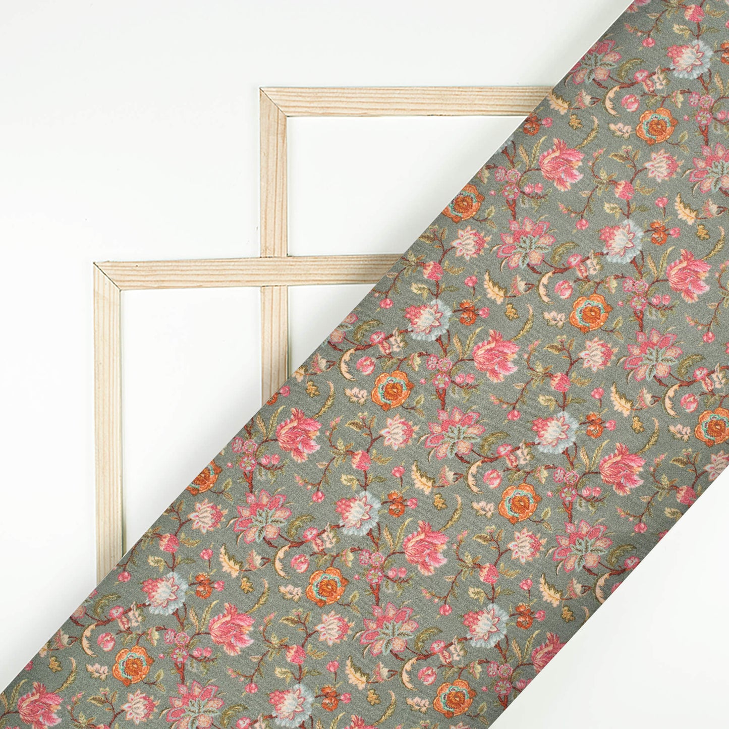 Slate Grey And Pink Floral Pattern Digital Print Viscose Gaji Silk Fabric