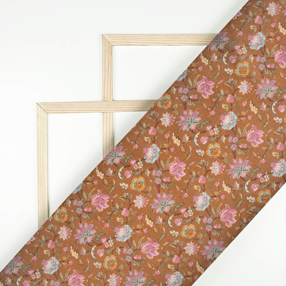 Sepia Brown And Pink Floral Pattern Digital Print Viscose Gaji Silk Fabric