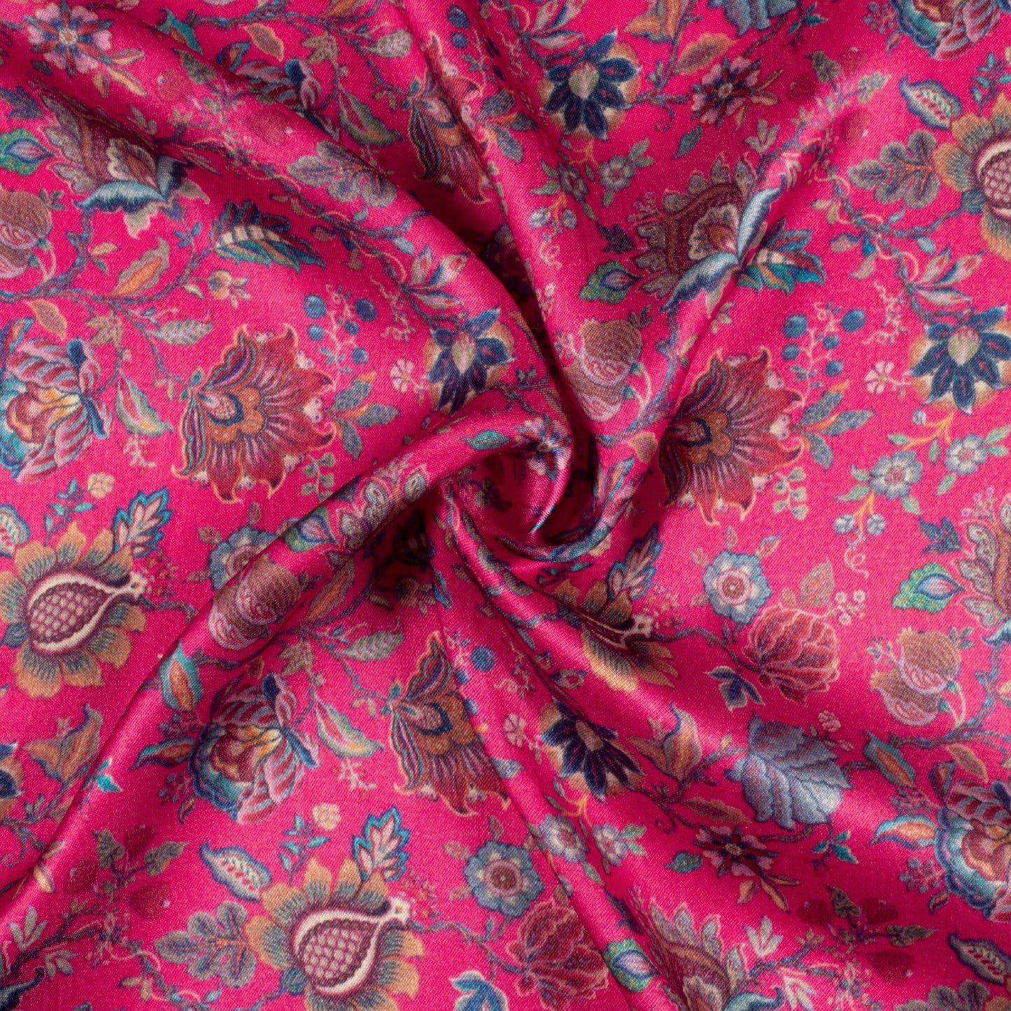Deep Pink And Blue Floral Pattern Digital Print Viscose Gaji Silk Fabric