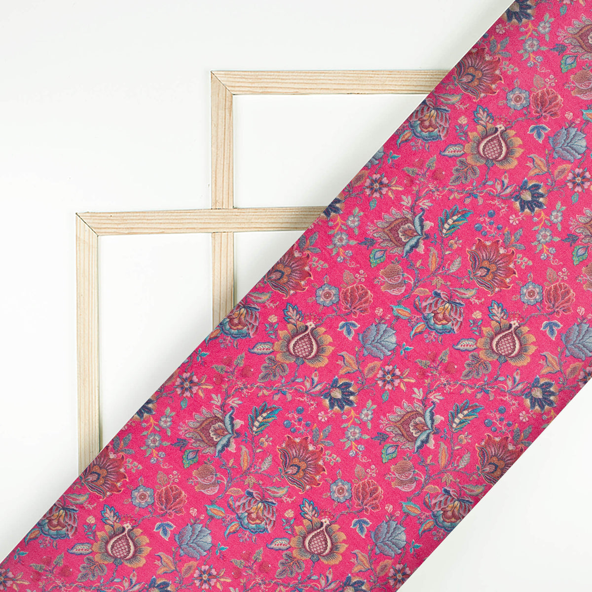 Deep Pink And Blue Floral Pattern Digital Print Viscose Gaji Silk Fabric