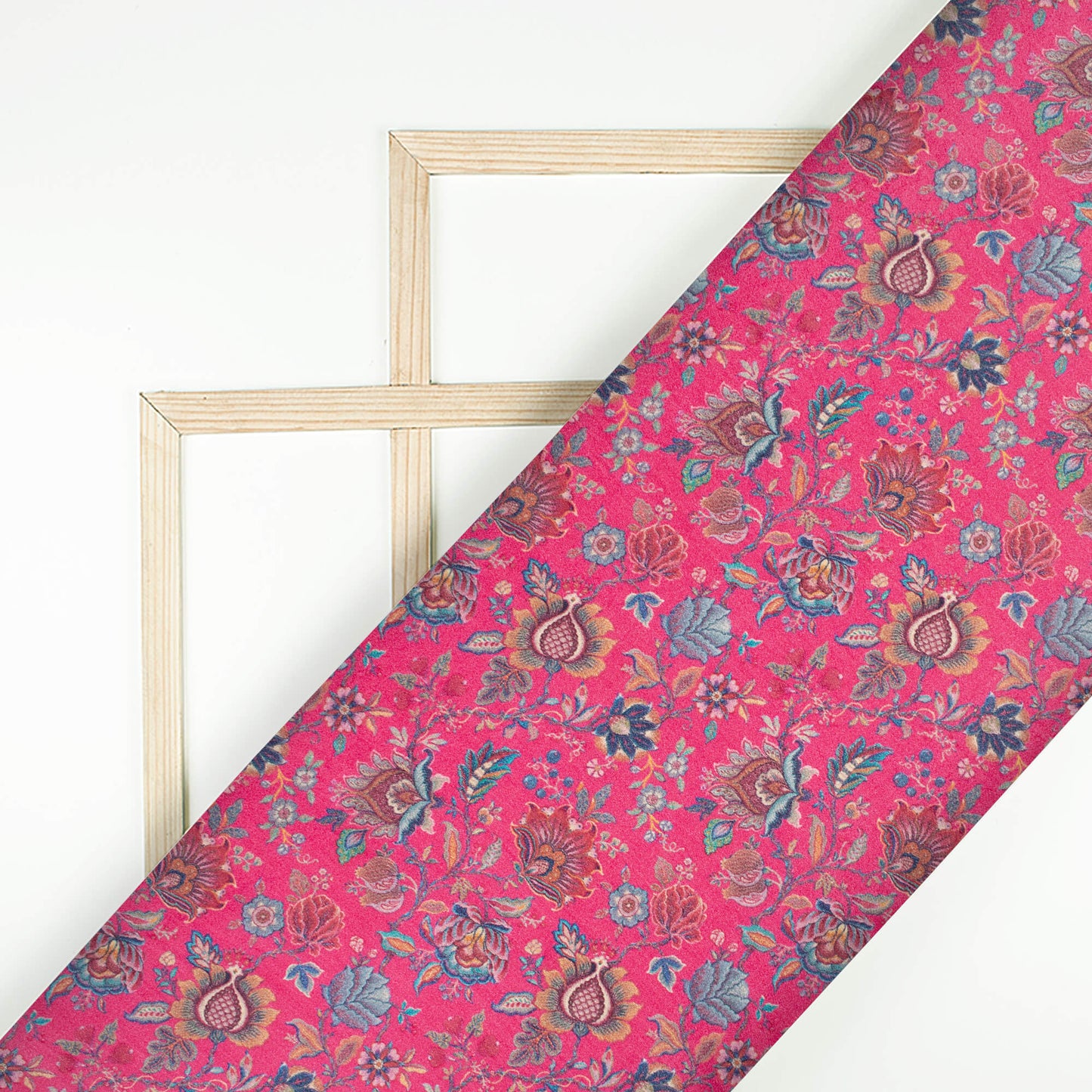 Deep Pink And Blue Floral Pattern Digital Print Viscose Gaji Silk Fabric