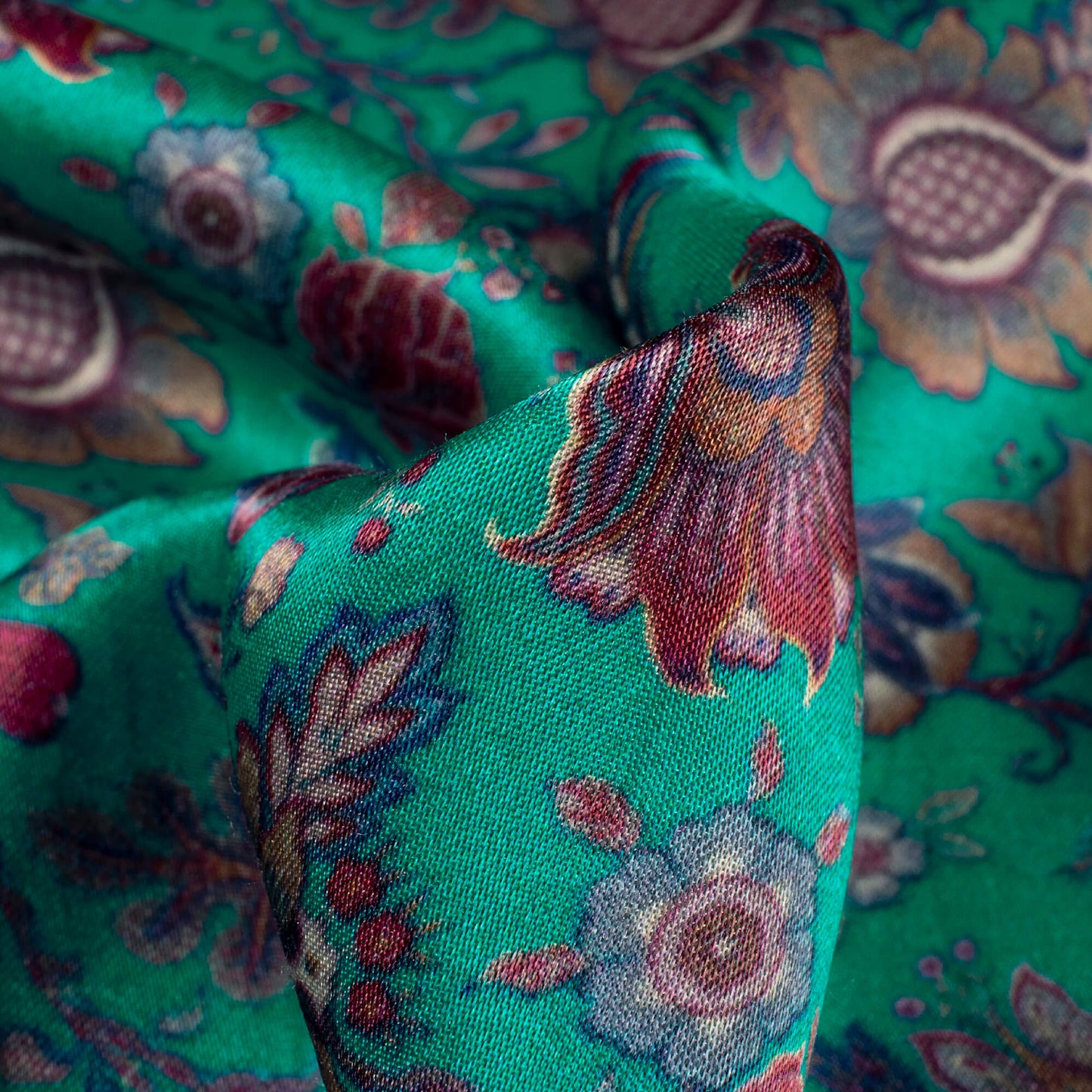 Dark Turquoise And Red Floral Pattern Digital Print Viscose Gaji Silk Fabric