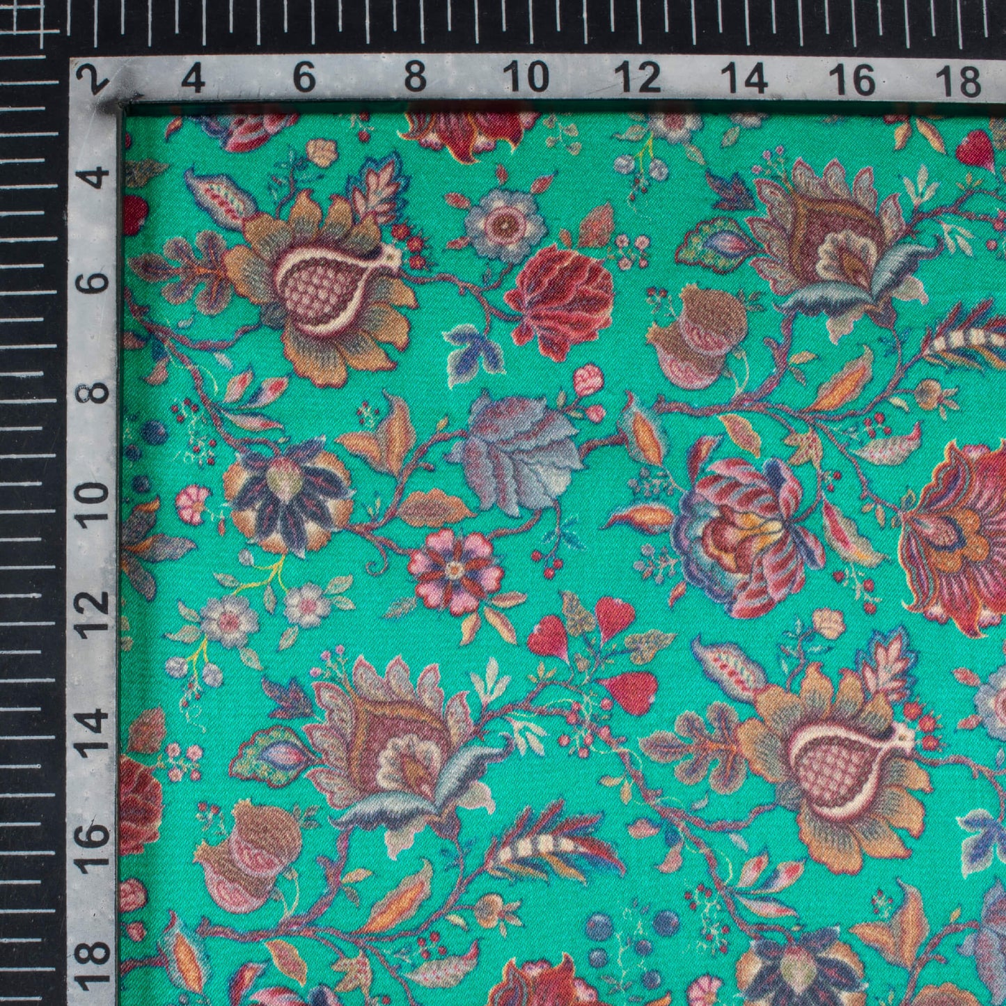 Dark Turquoise And Red Floral Pattern Digital Print Viscose Gaji Silk Fabric
