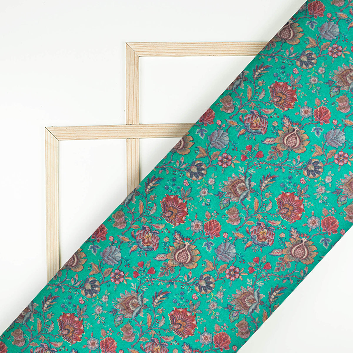 Dark Turquoise And Red Floral Pattern Digital Print Viscose Gaji Silk Fabric