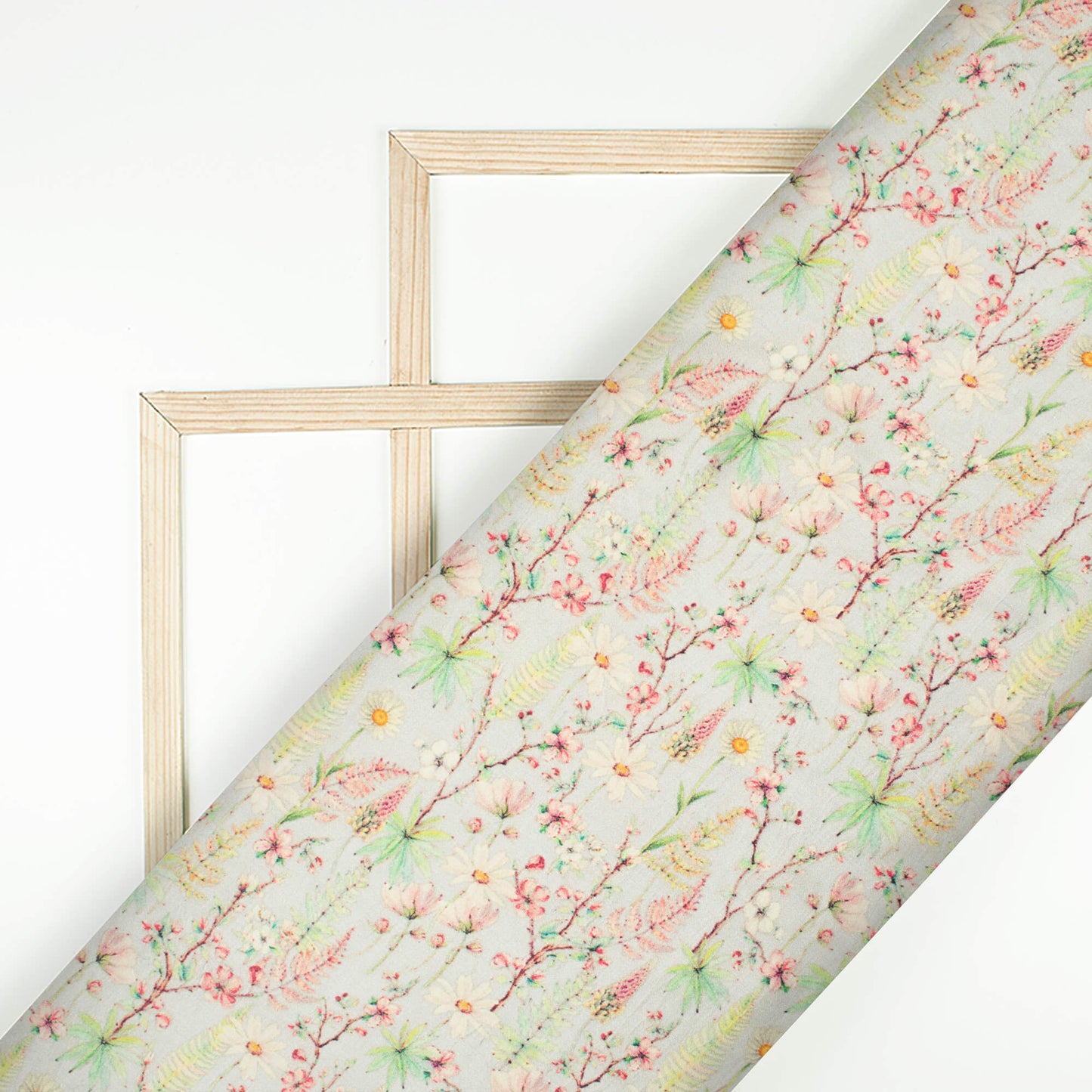 Stone Grey And Pink Floral Pattern Digital Print Viscose Gaji Silk Fabric