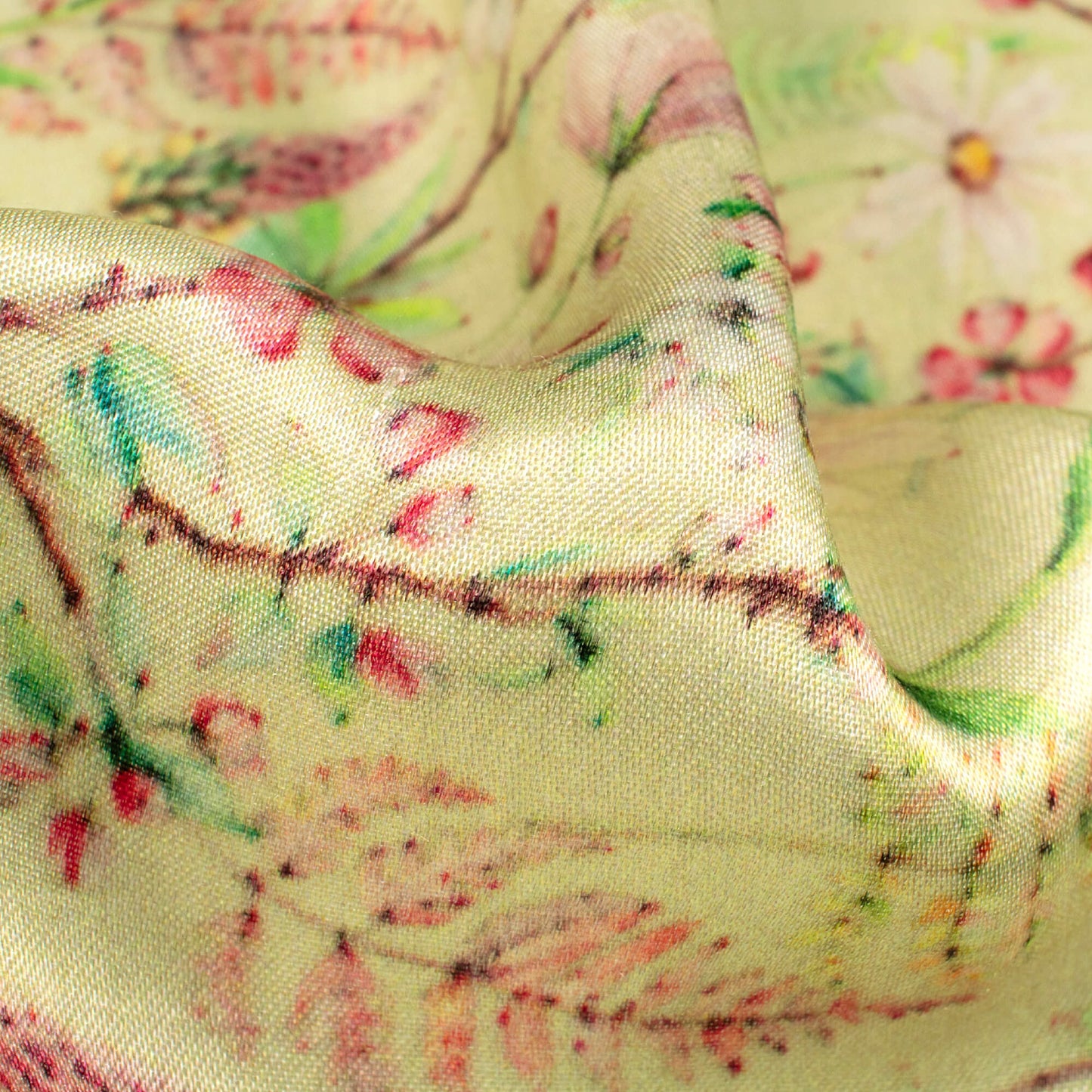 Mindaro Green And Pink Floral Pattern Digital Print Viscose Gaji Silk Fabric