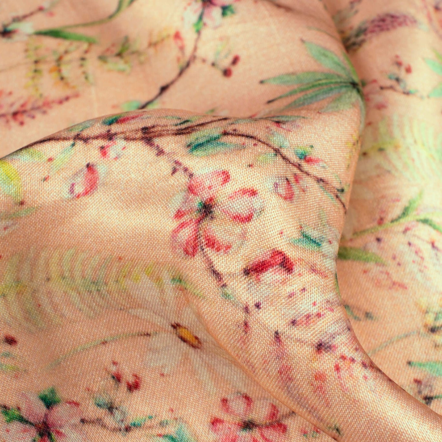 Peach And Pink Floral Pattern Digital Print Viscose Gaji Silk Fabric