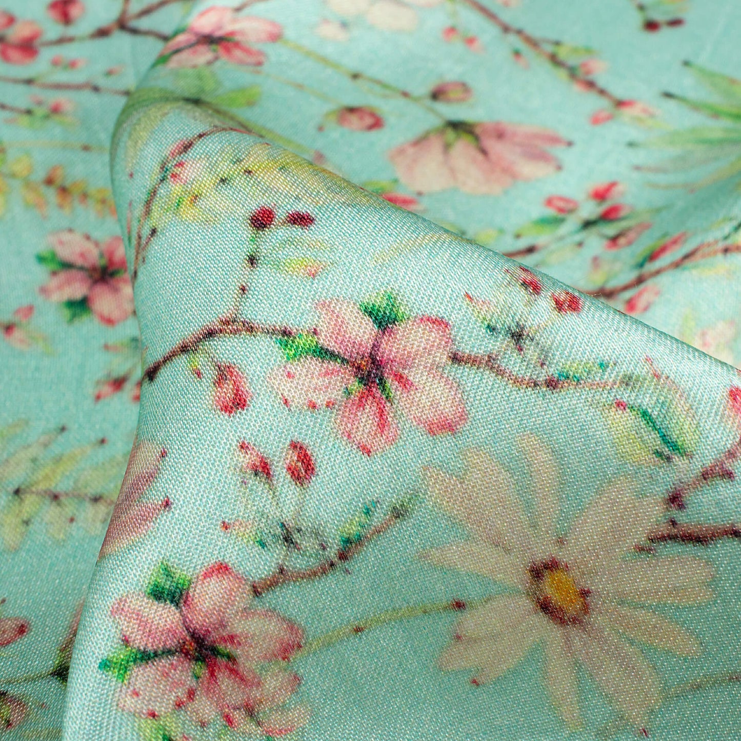 Blizzard Blue And Pink Floral Pattern Digital Print Viscose Gaji Silk Fabric