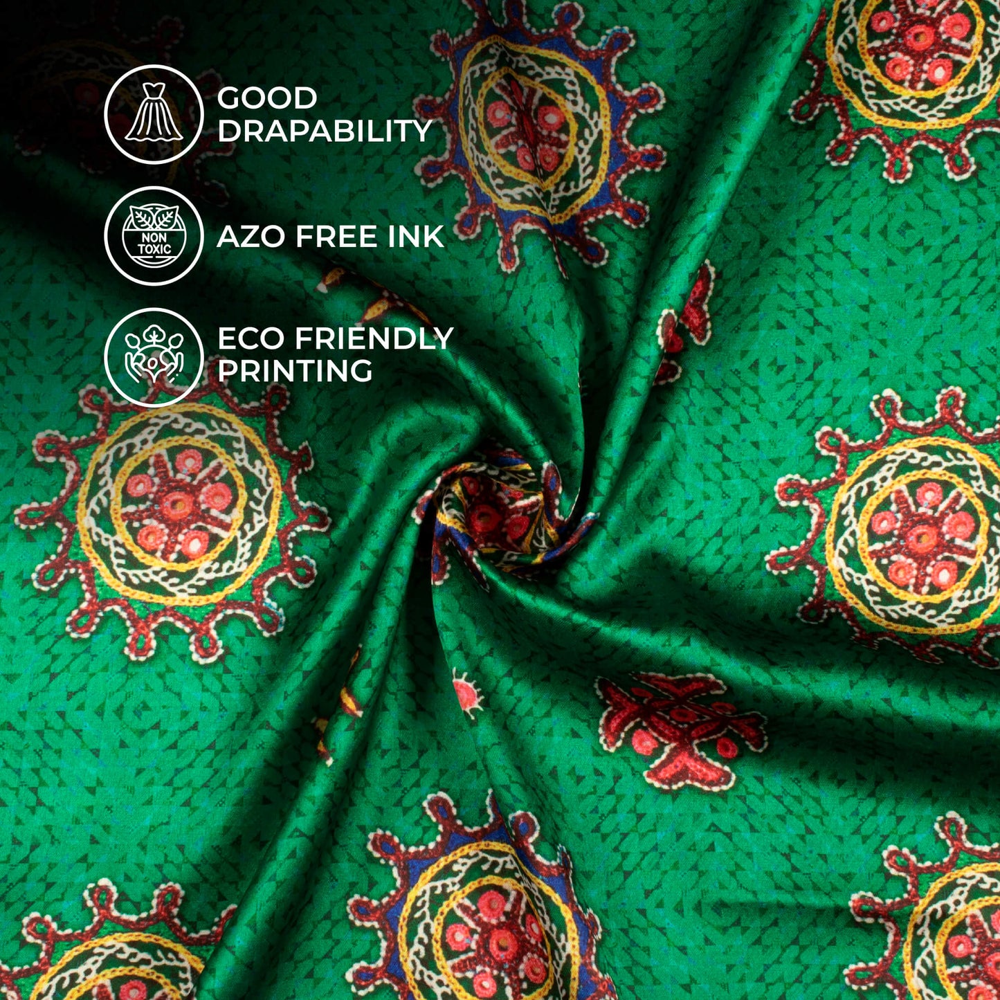 Forest Green And Punch Pink Gamthee Pattern Digital Print Japan Satin Fabric