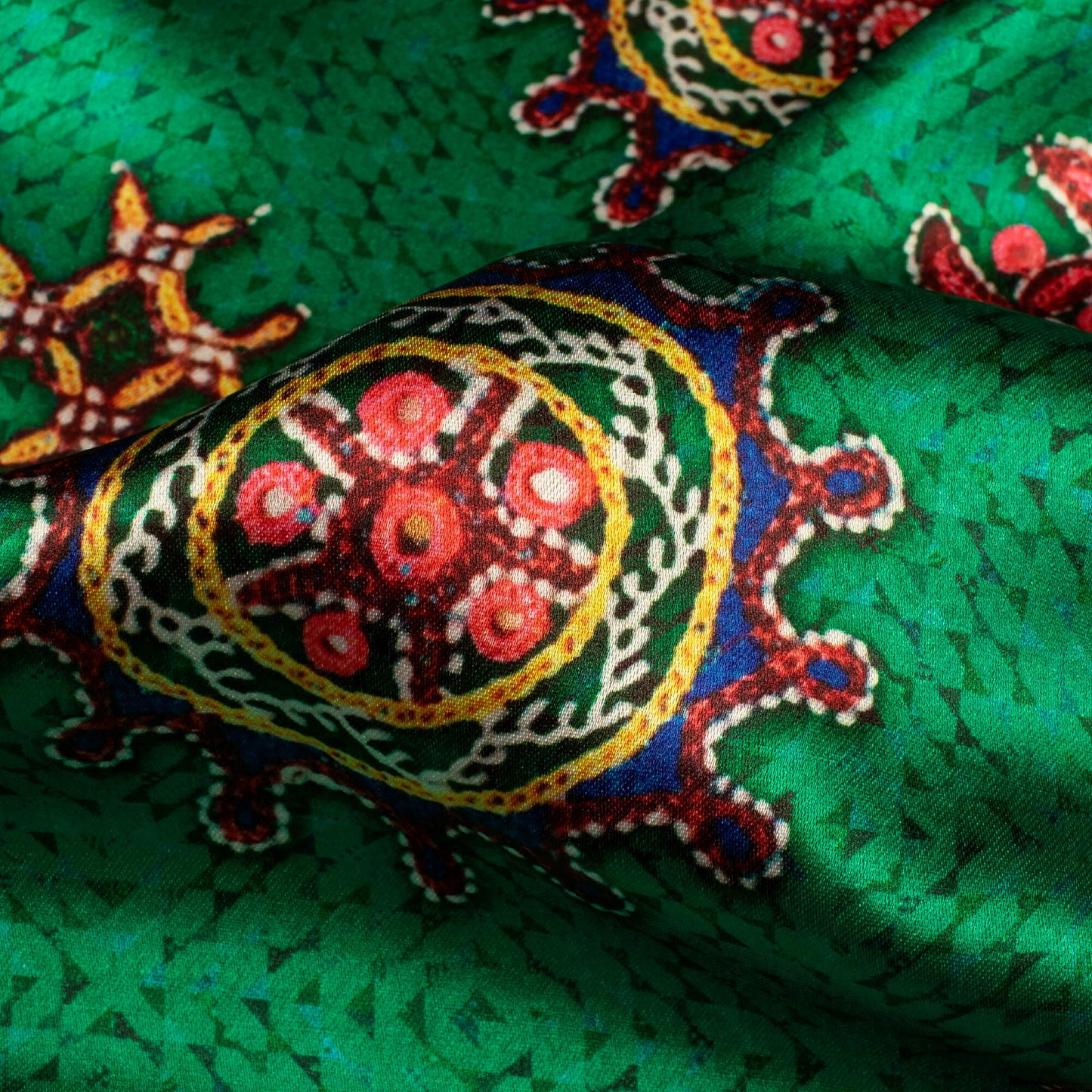 Forest Green And Punch Pink Gamthee Pattern Digital Print Japan Satin Fabric