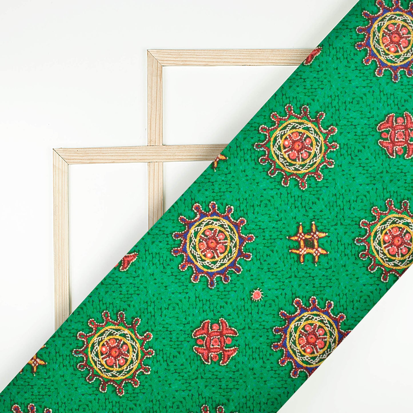 Forest Green And Punch Pink Gamthee Pattern Digital Print Japan Satin Fabric