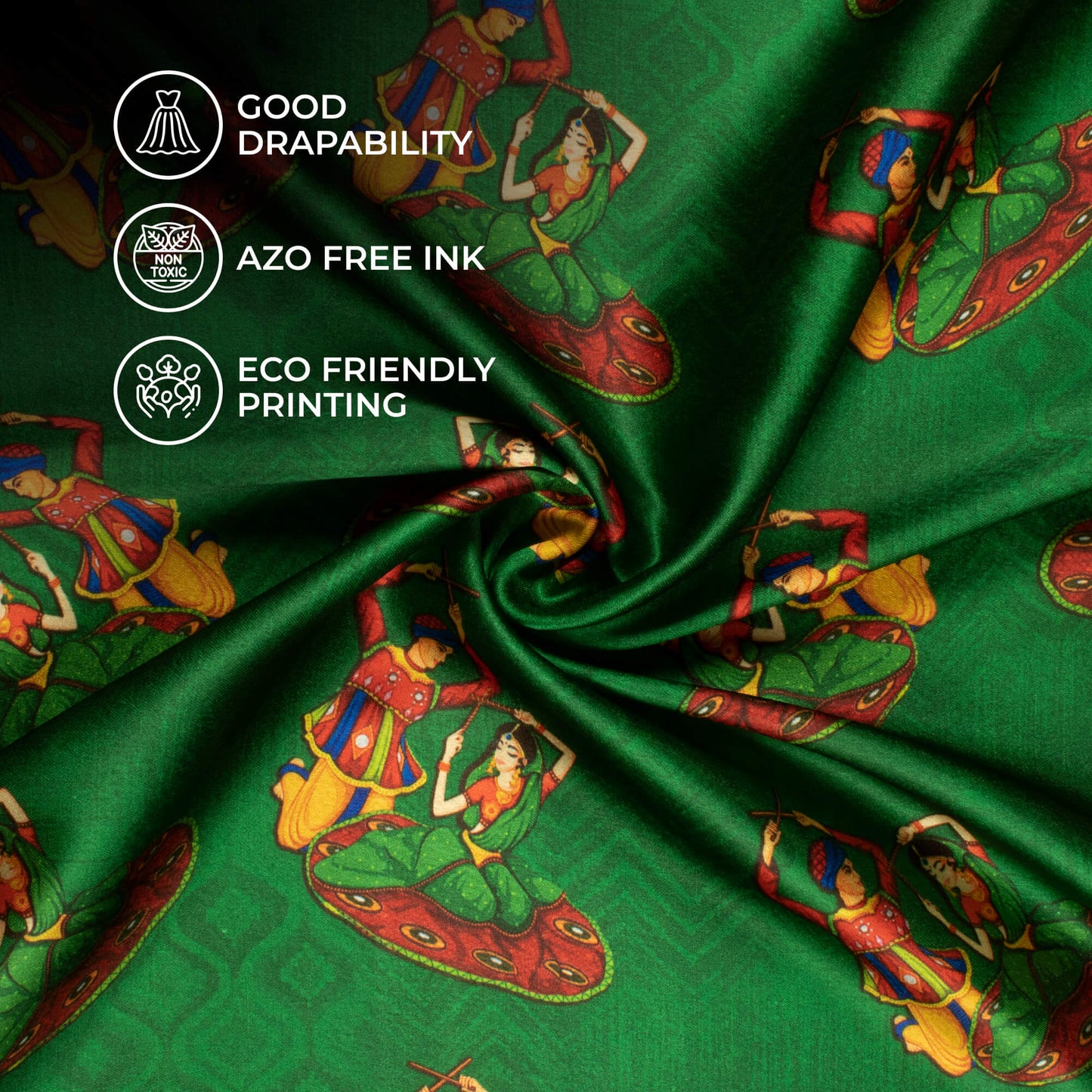 Deep Green And Blood Red Gamthee Pattern Digital Print Japan Satin Fabric