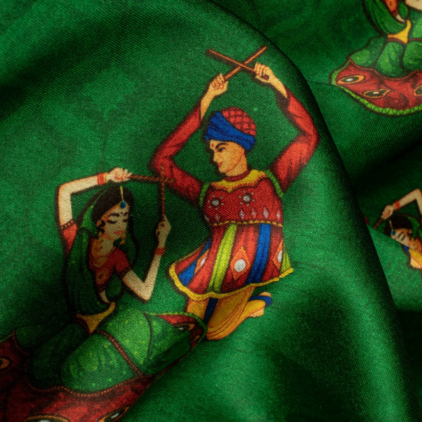 Deep Green And Blood Red Gamthee Pattern Digital Print Japan Satin Fabric