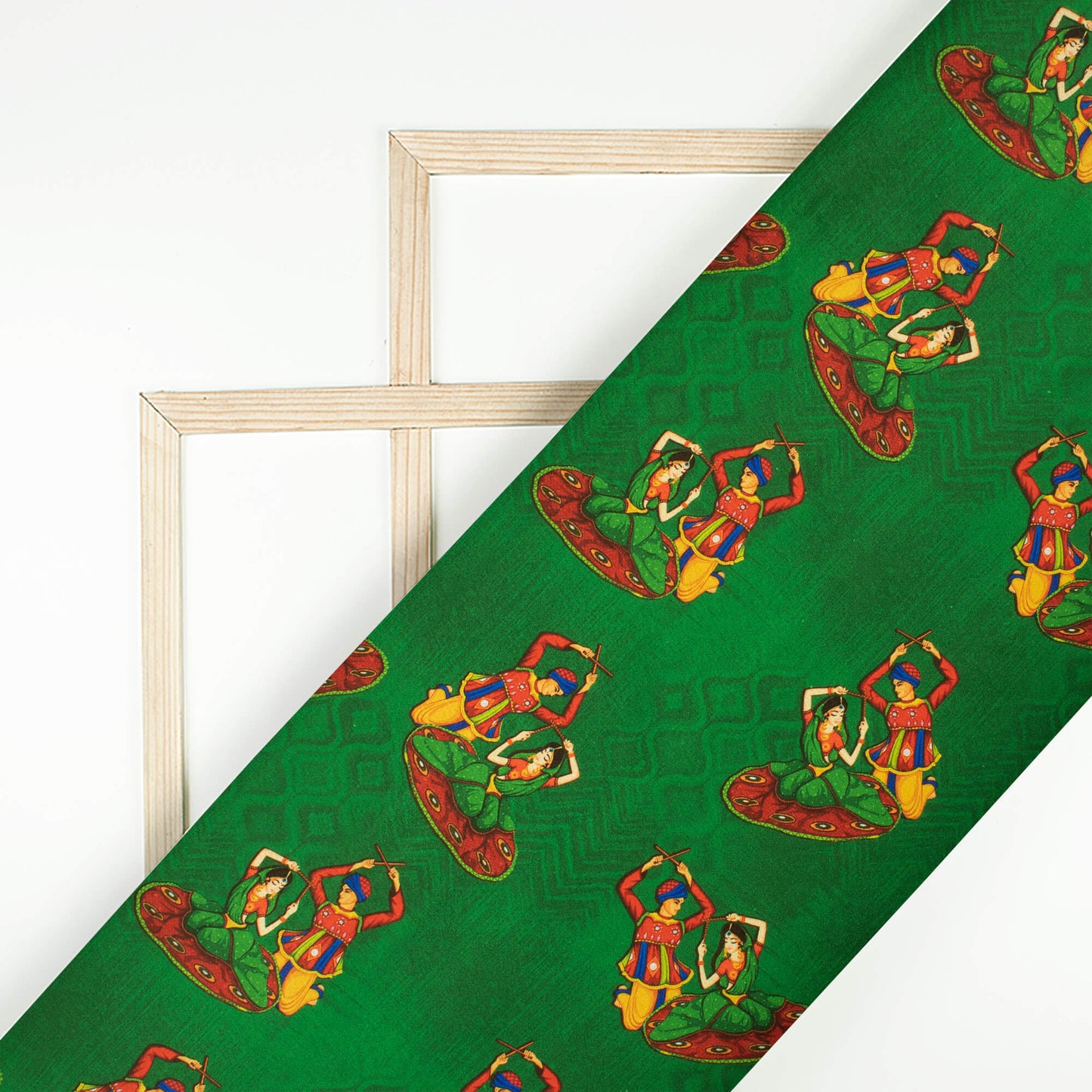 Deep Green And Blood Red Gamthee Pattern Digital Print Japan Satin Fabric