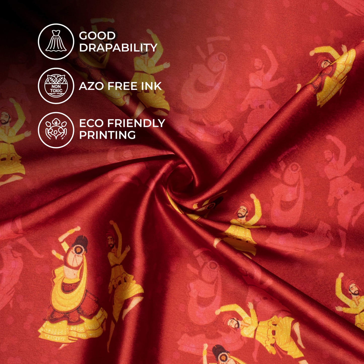 Vermilion Red And Corn Yellow Gamthee Pattern Digital Print Japan Satin Fabric