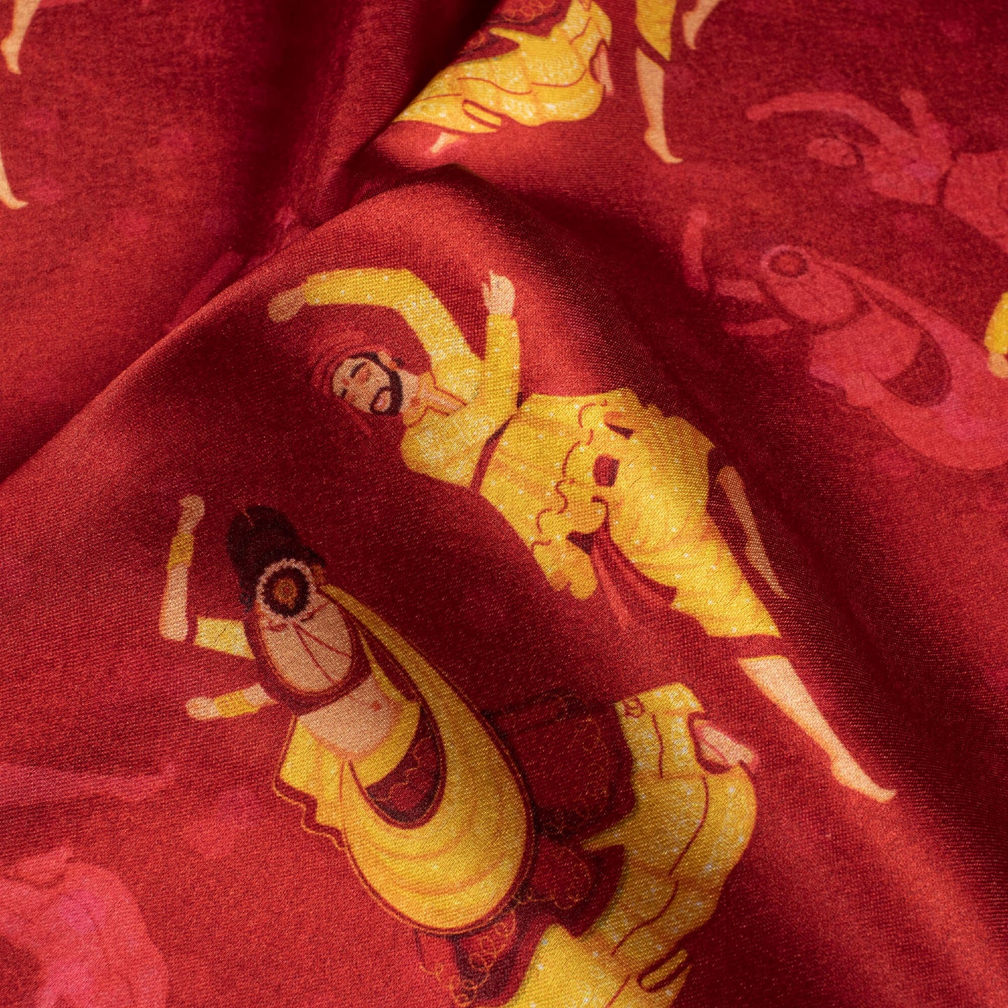 Vermilion Red And Corn Yellow Gamthi Pattern Digital Print Japan Satin Fabric