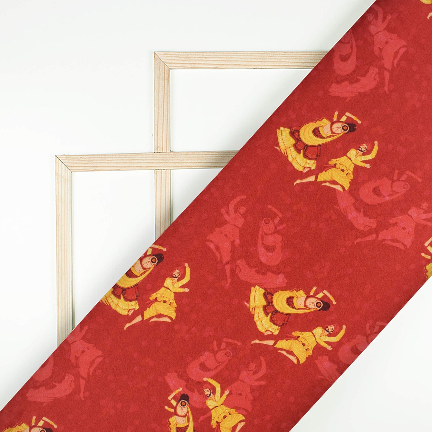 Vermilion Red And Corn Yellow Gamthee Pattern Digital Print Japan Satin Fabric