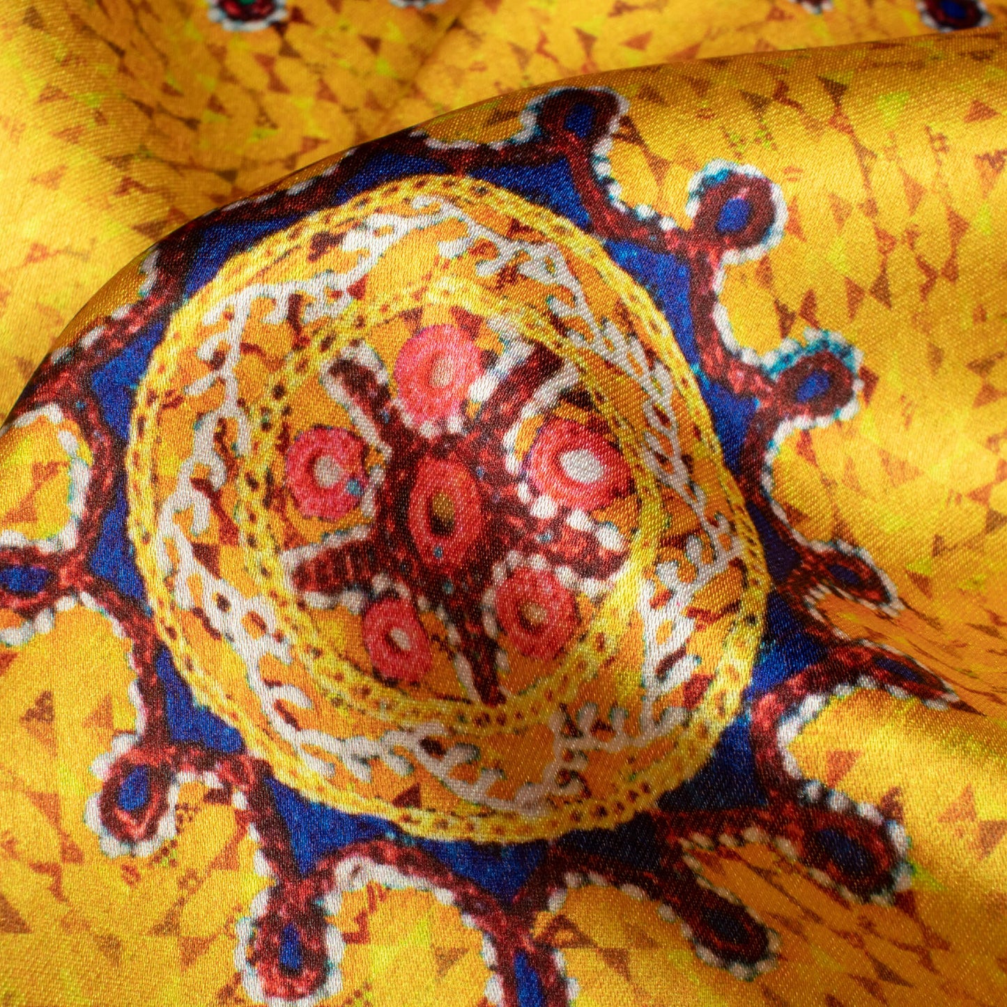 Mustard Yellow And Punch Pink Gamthee Pattern Digital Print Japan Satin Fabric