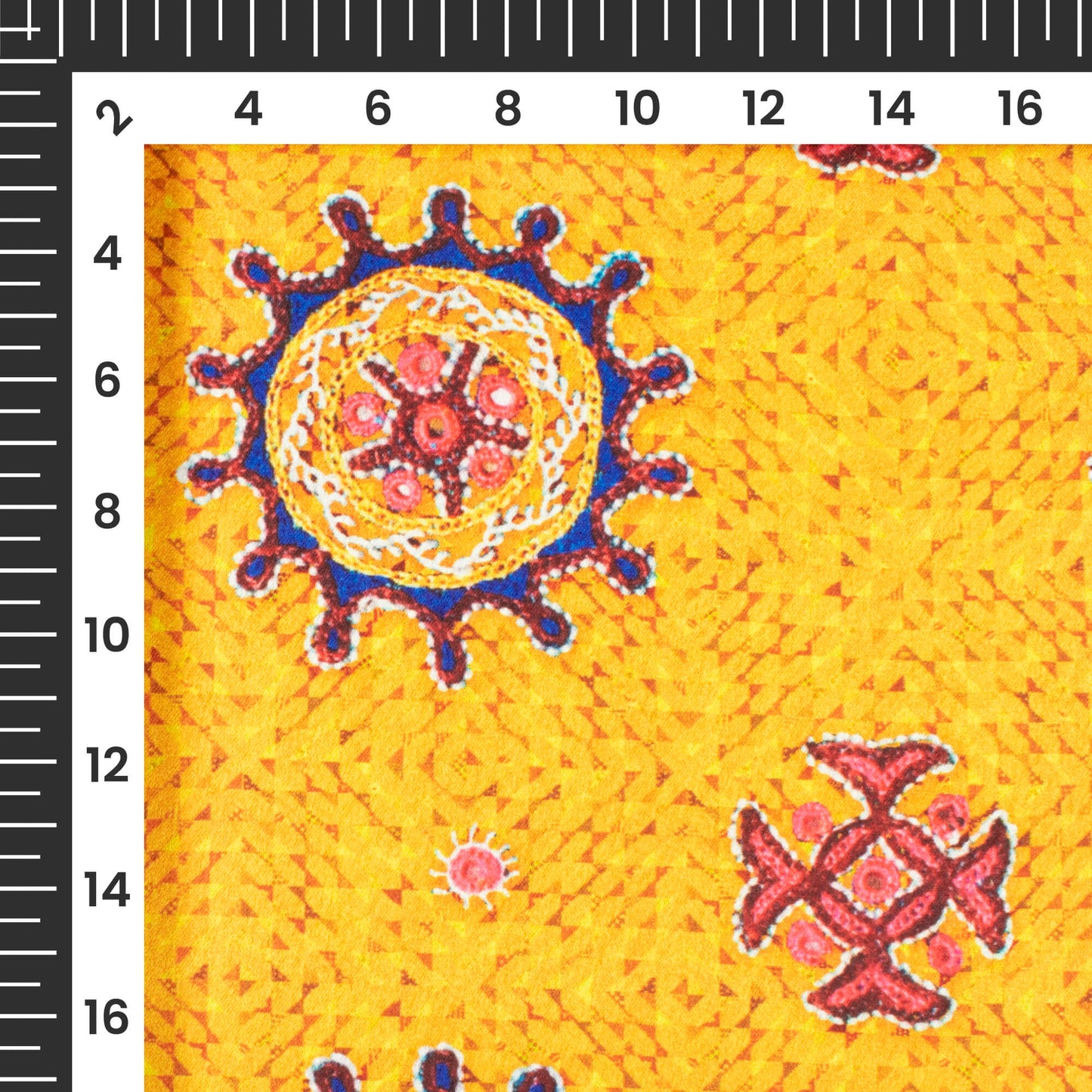 Mustard Yellow And Punch Pink Gamthee Pattern Digital Print Japan Satin Fabric