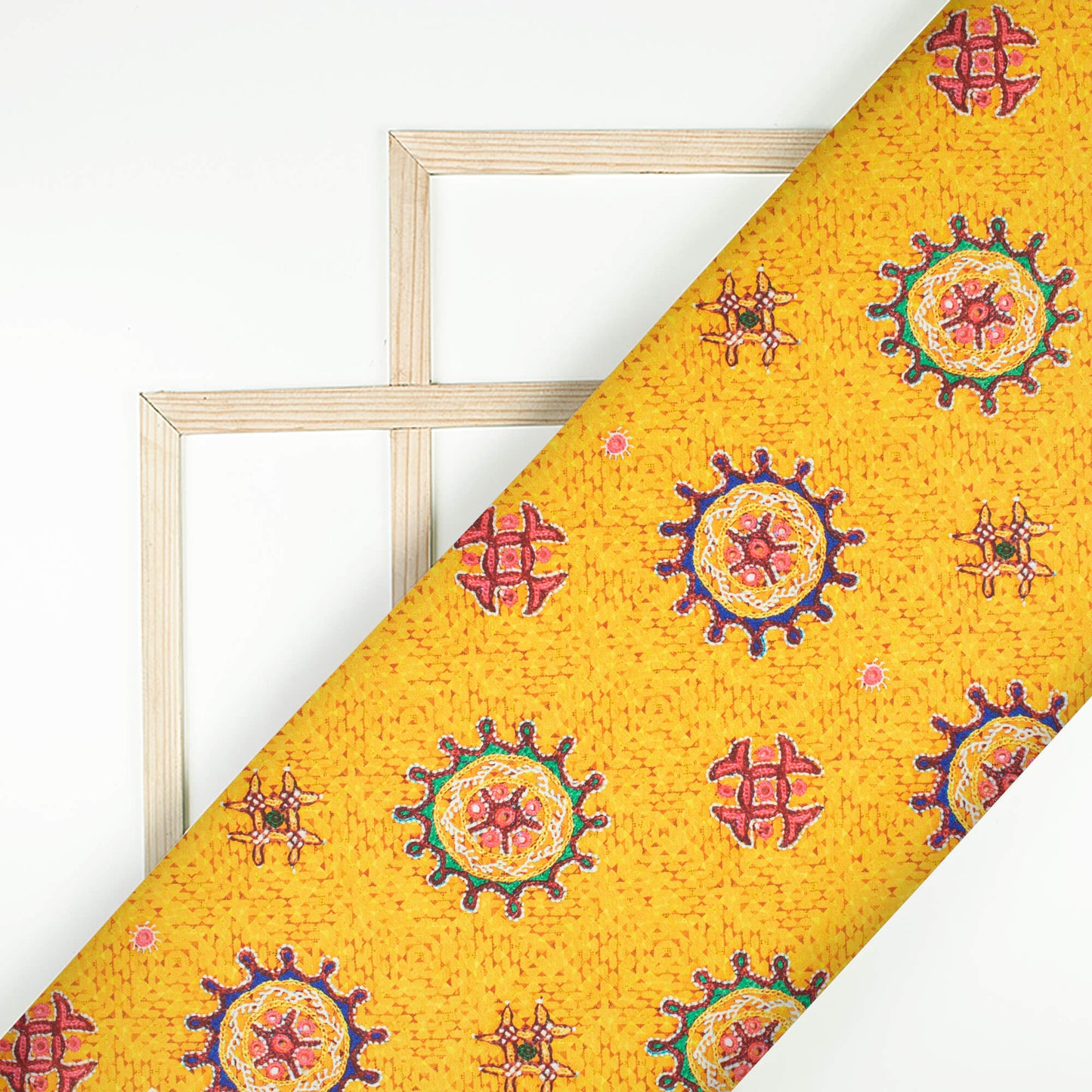Mustard Yellow And Punch Pink Gamthi Pattern Digital Print Japan Satin Fabric