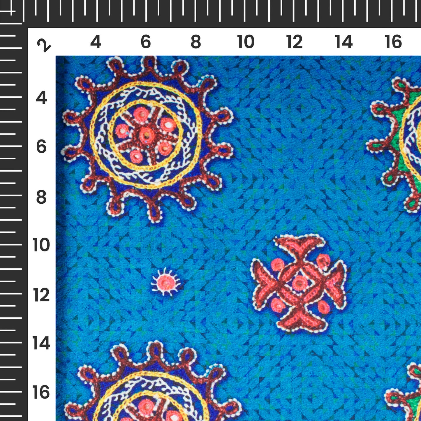 Sapphire Blue And Punch Pink Gamthi Pattern Digital Print Japan Satin Fabric
