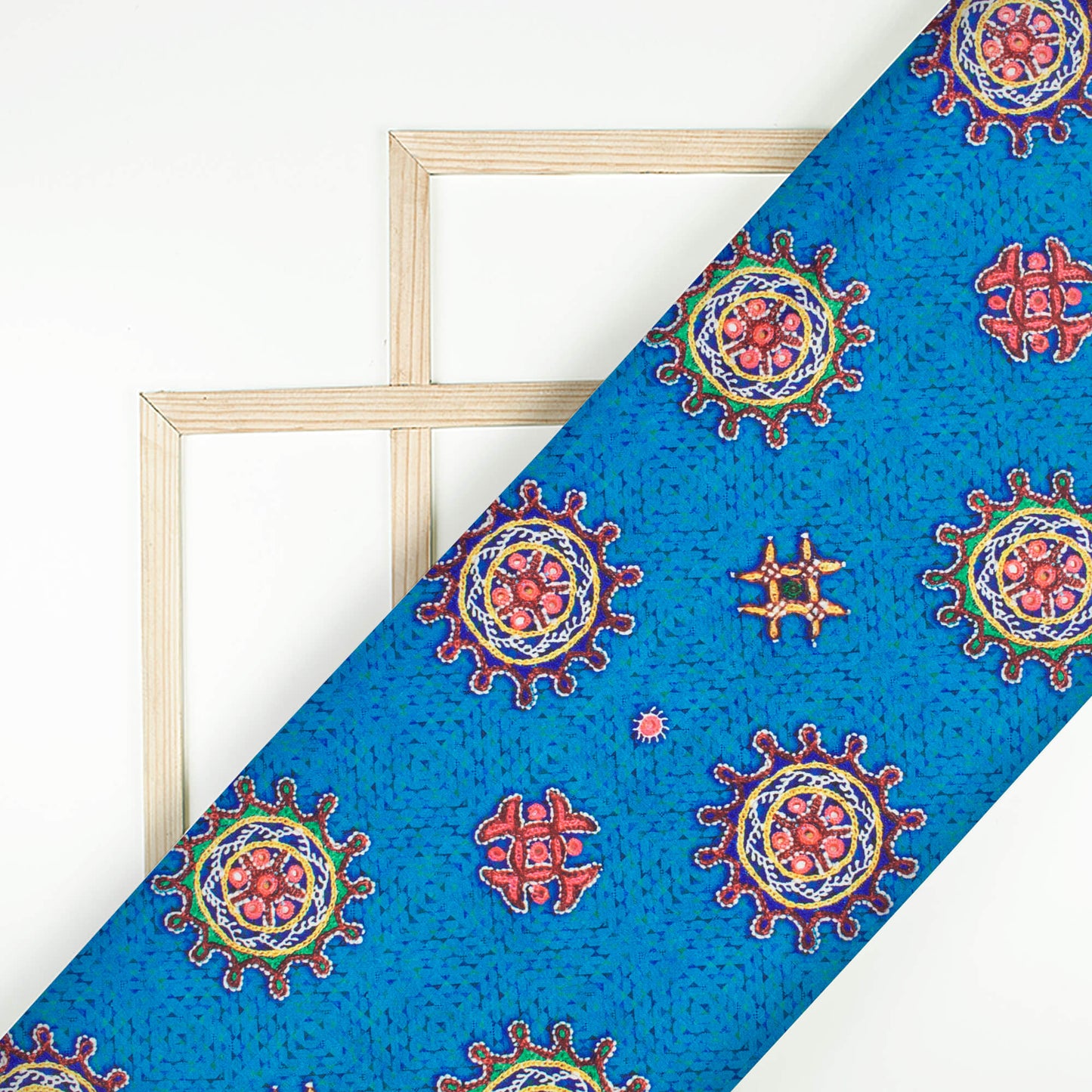 Sapphire Blue And Punch Pink Gamthee Pattern Digital Print Japan Satin Fabric