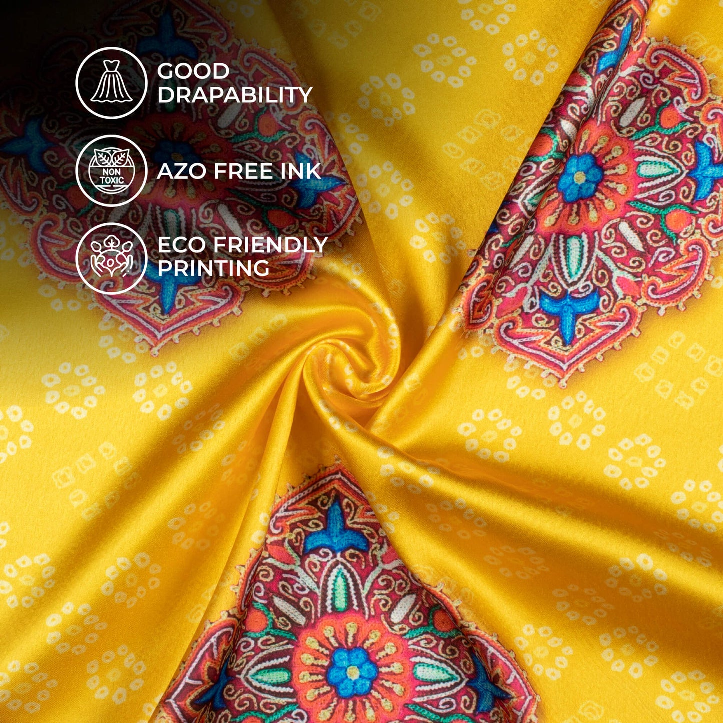 Bumblebee Yellow And Sky Blue Gamthee Pattern Digital Print Japan Satin Fabric
