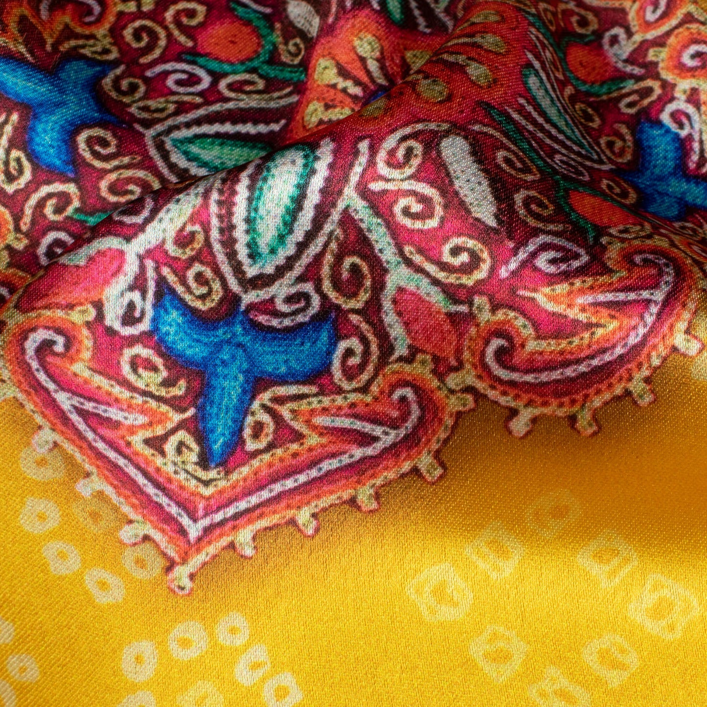 Bumblebee Yellow And Sky Blue Gamthee Pattern Digital Print Japan Satin Fabric