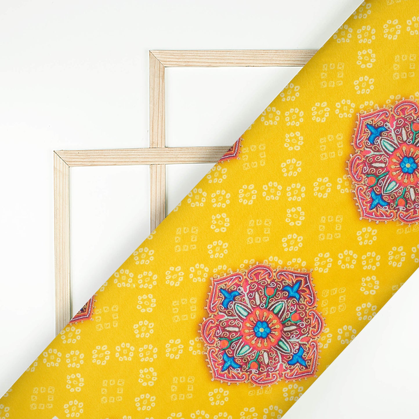 Bumblebee Yellow And Sky Blue Gamthee Pattern Digital Print Japan Satin Fabric