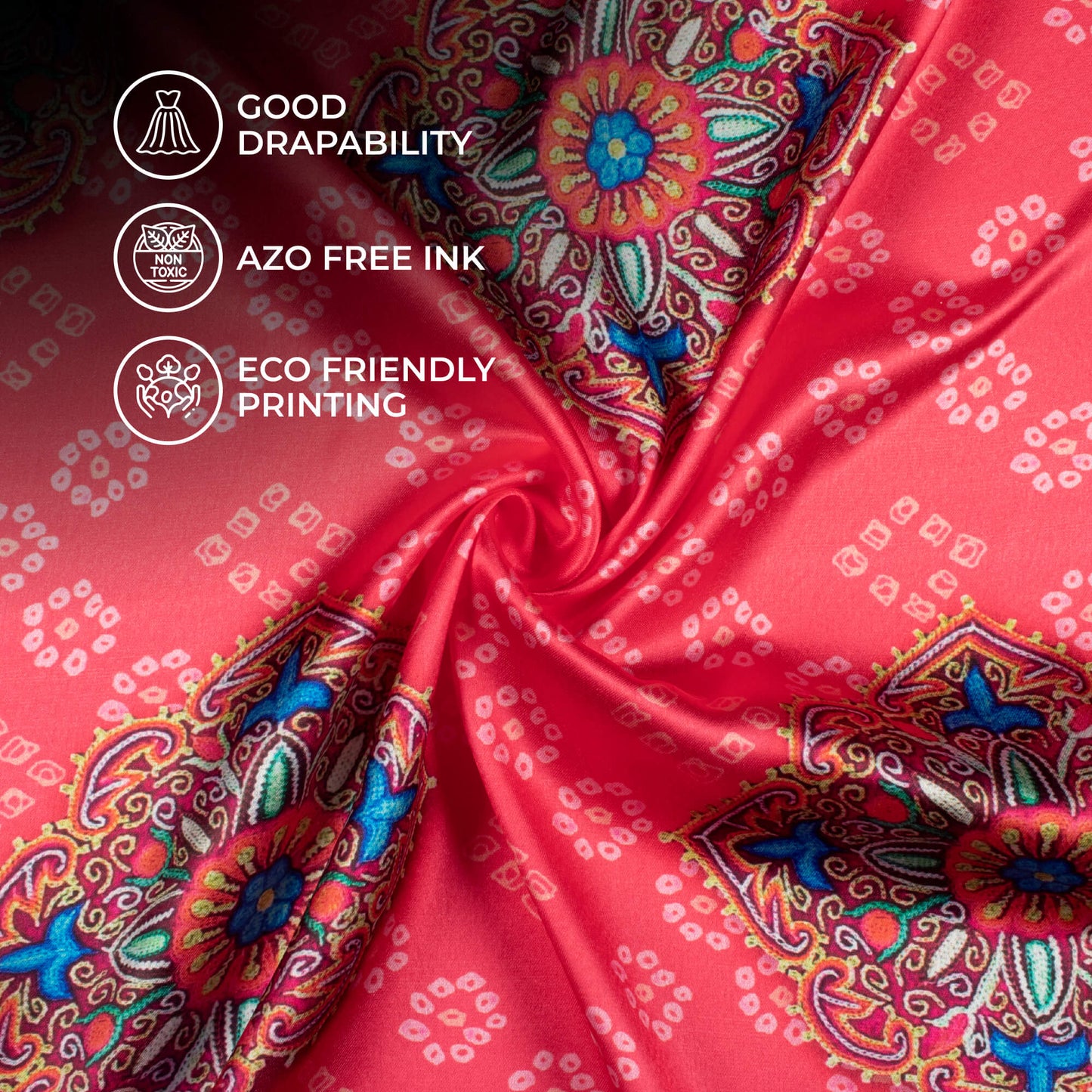 Dark Pink And Sky Blue Gamthee Pattern Digital Print Japan Satin Fabric