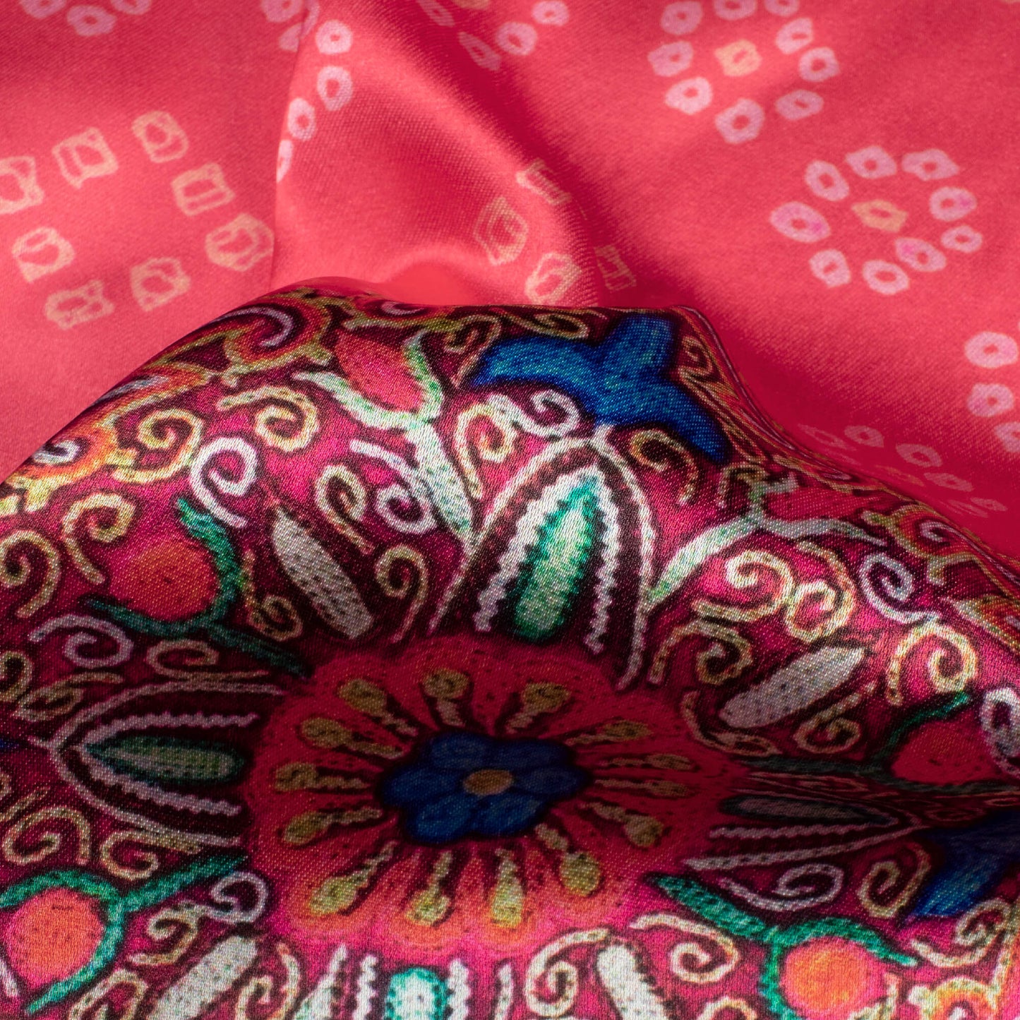 Dark Pink And Sky Blue Gamthee Pattern Digital Print Japan Satin Fabric